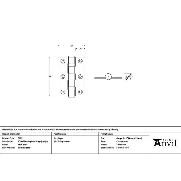 Satin Brass 3" Ball Bearing Butt Hinge (Pair) ss - Butt Hinges - From The Anvil - Yester Home