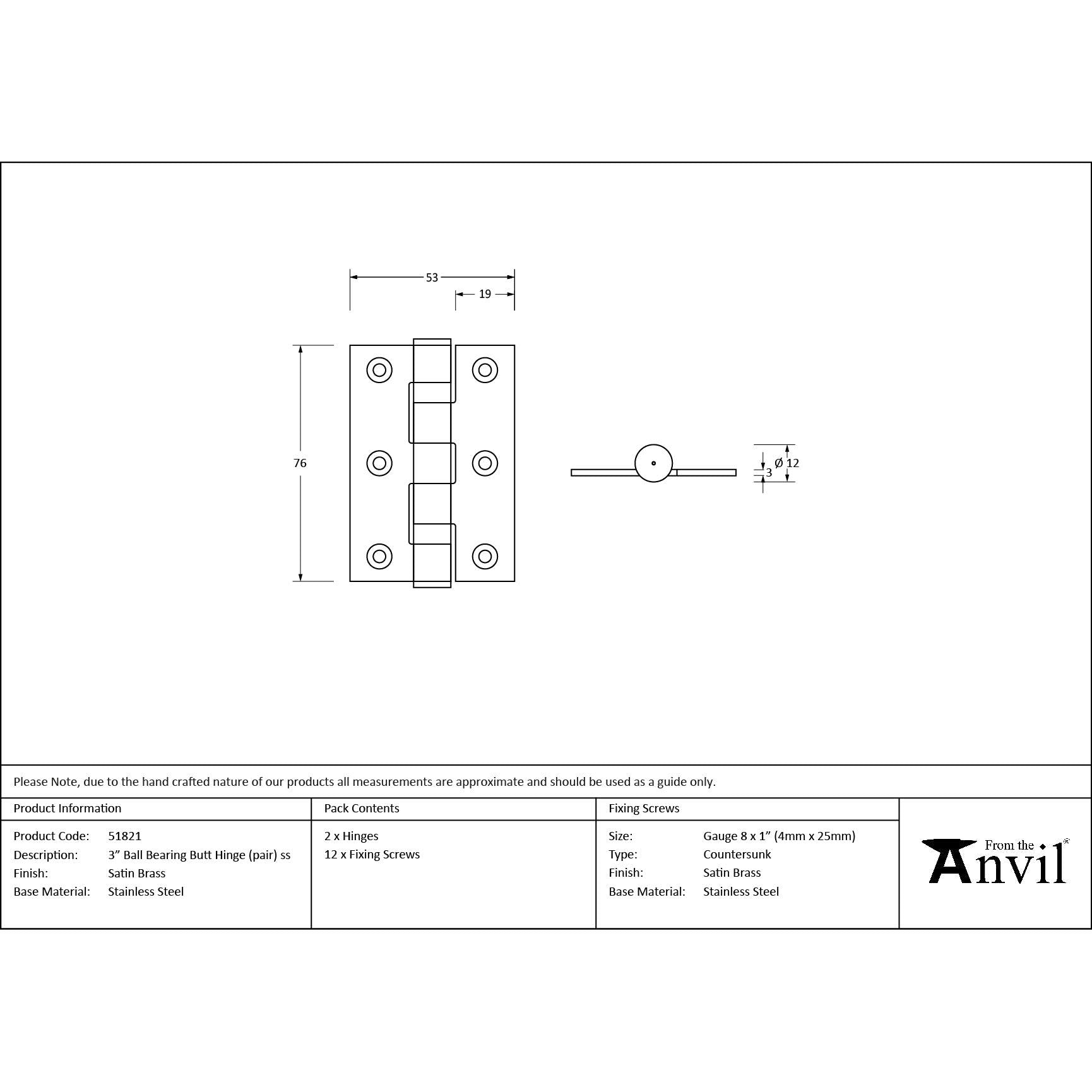 Satin Brass 3" Ball Bearing Butt Hinge (Pair) ss - Butt Hinges - From The Anvil - Yester Home