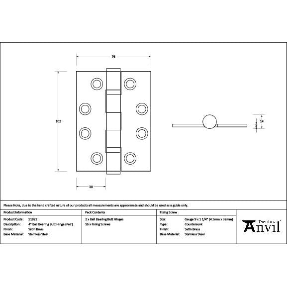 Satin Brass 4" Ball Bearing Butt Hinge (Pair) ss - Butt Hinges - From The Anvil - Yester Home