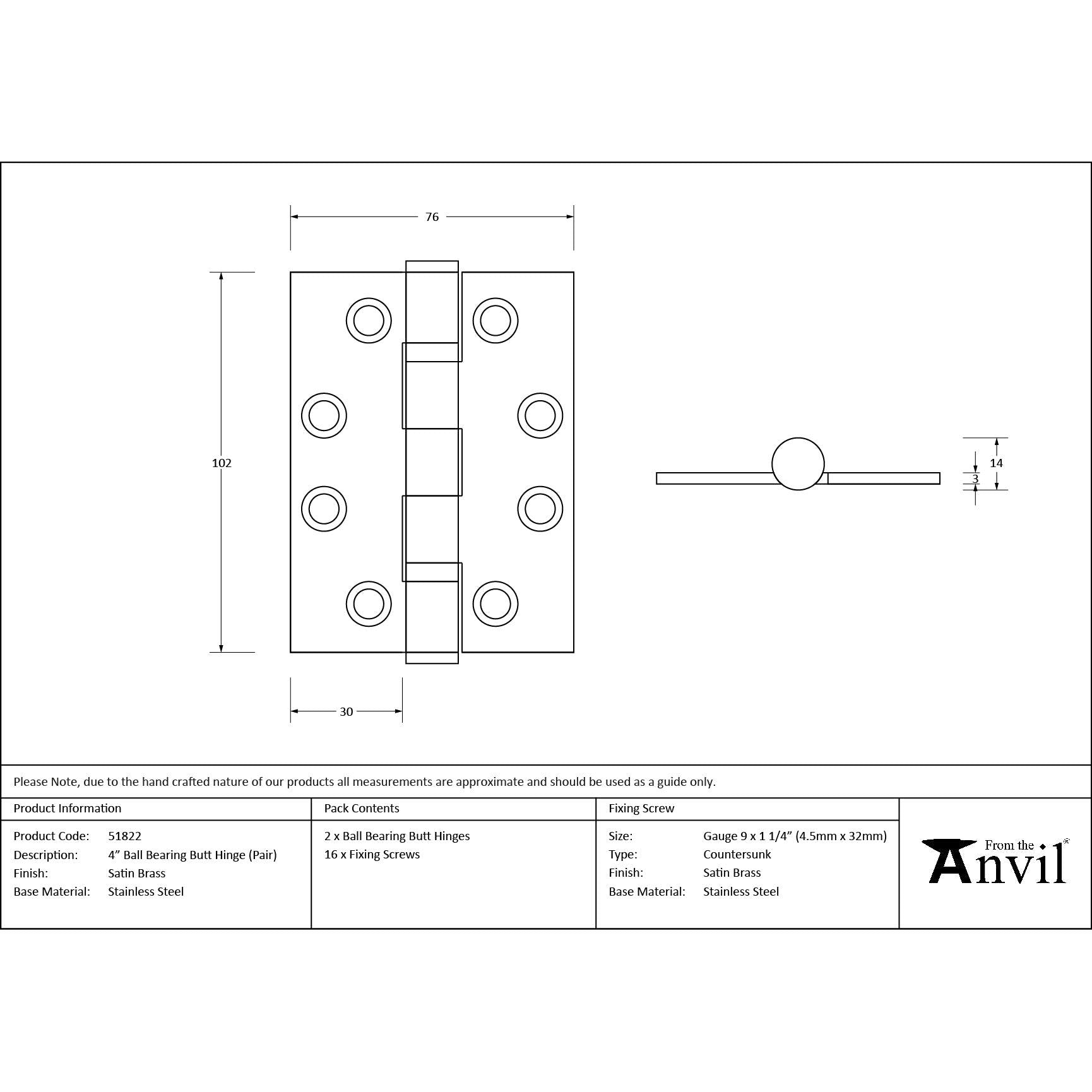 Satin Brass 4" Ball Bearing Butt Hinge (Pair) ss - Butt Hinges - From The Anvil - Yester Home