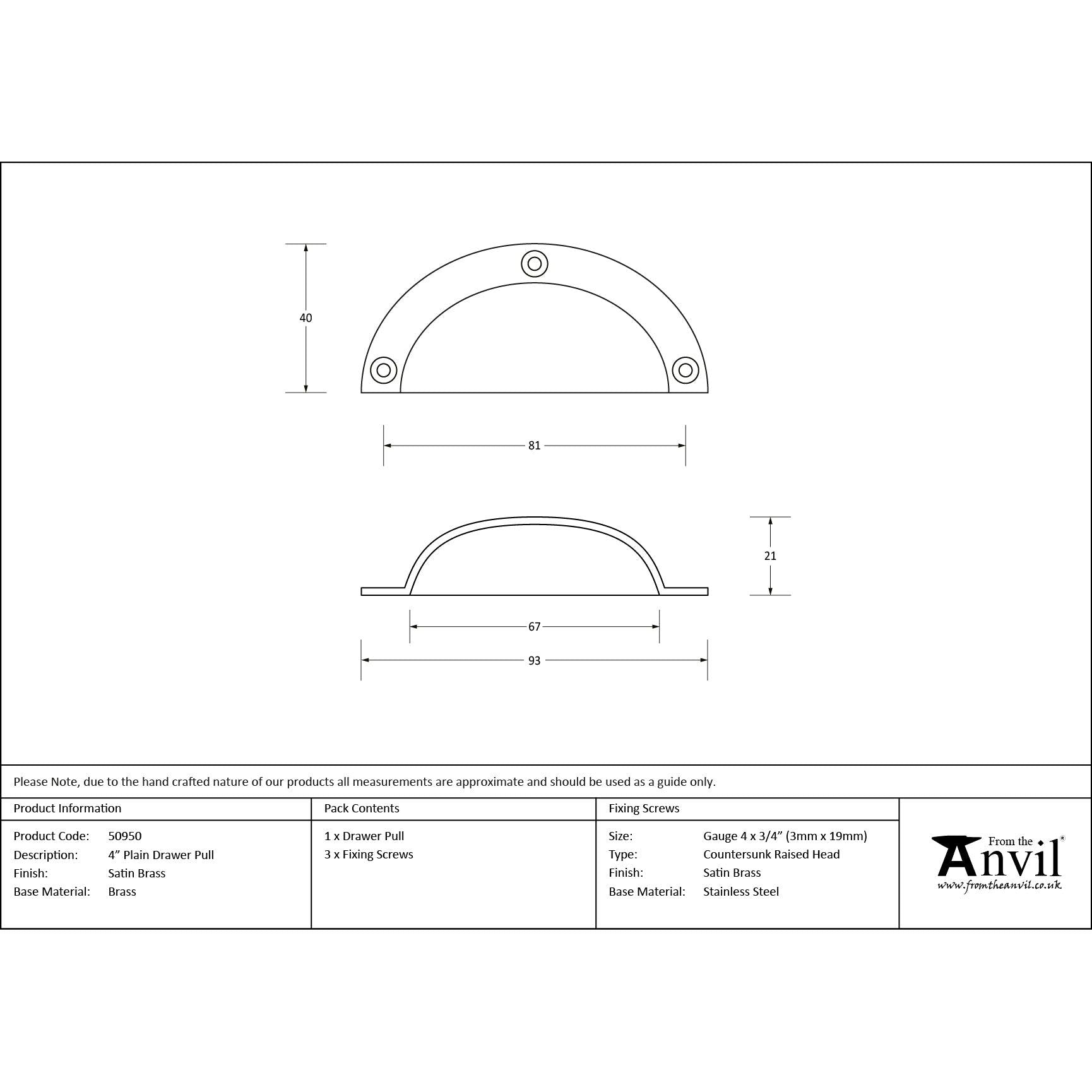 Satin Brass 4" Plain Drawer Pull | From The Anvil - Drawer Pulls - From The Anvil - Yester Home