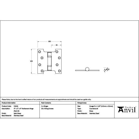 Satin Brass 4" x 2" x 4" Parliament Hinge (pair) ss - Parliament Hinges - From The Anvil - Yester Home