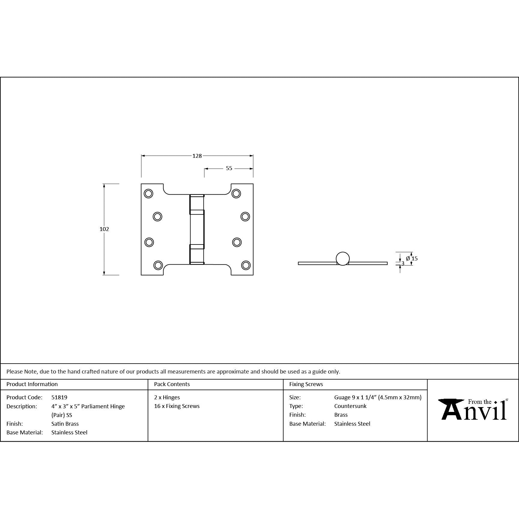 Satin Brass 4" x 3" x 5" Parliament Hinge (pair) ss - Parliament Hinges - From The Anvil - Yester Home
