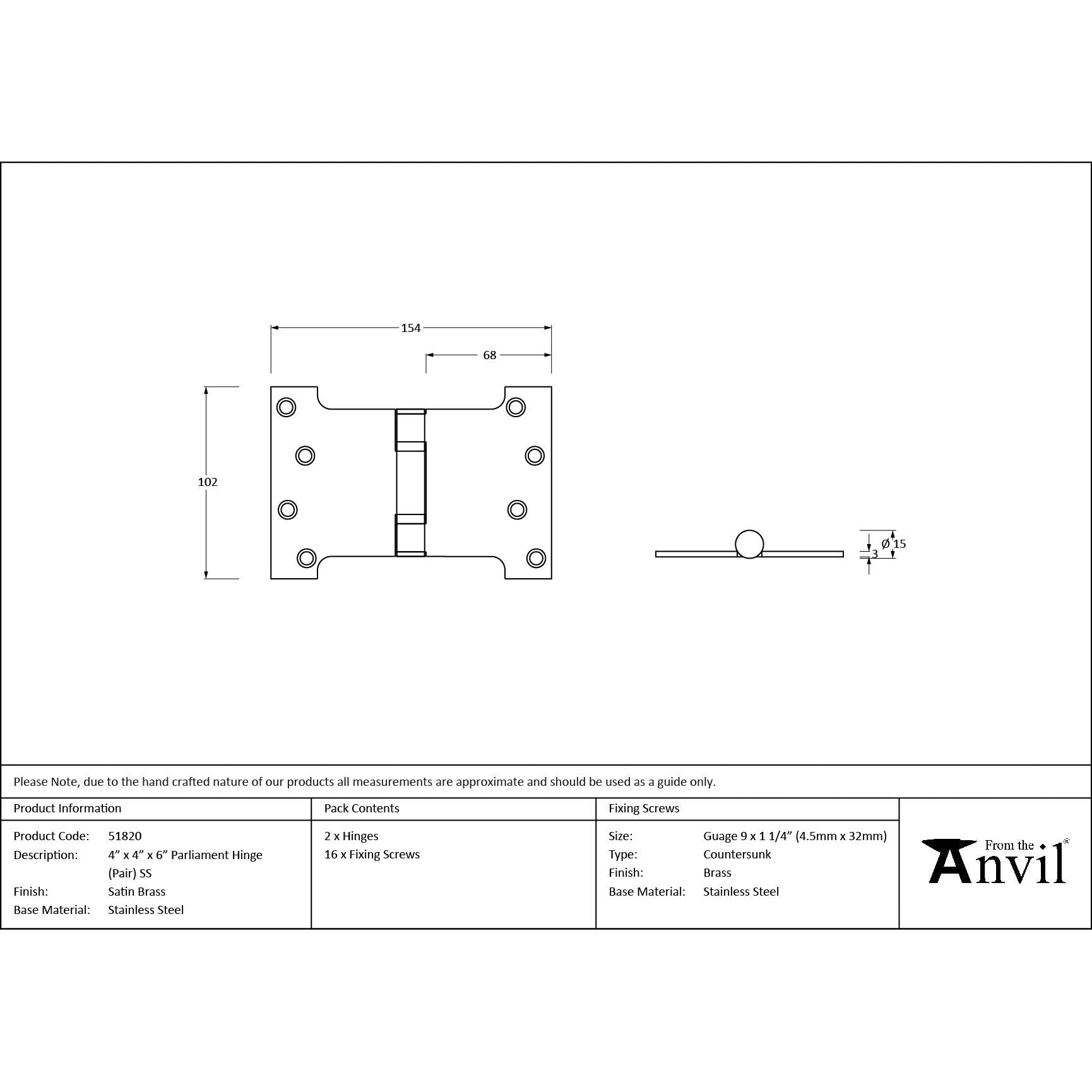 Satin Brass 4" x 4" x 6" Parliament Hinge (pair) ss - Parliament Hinges - From The Anvil - Yester Home