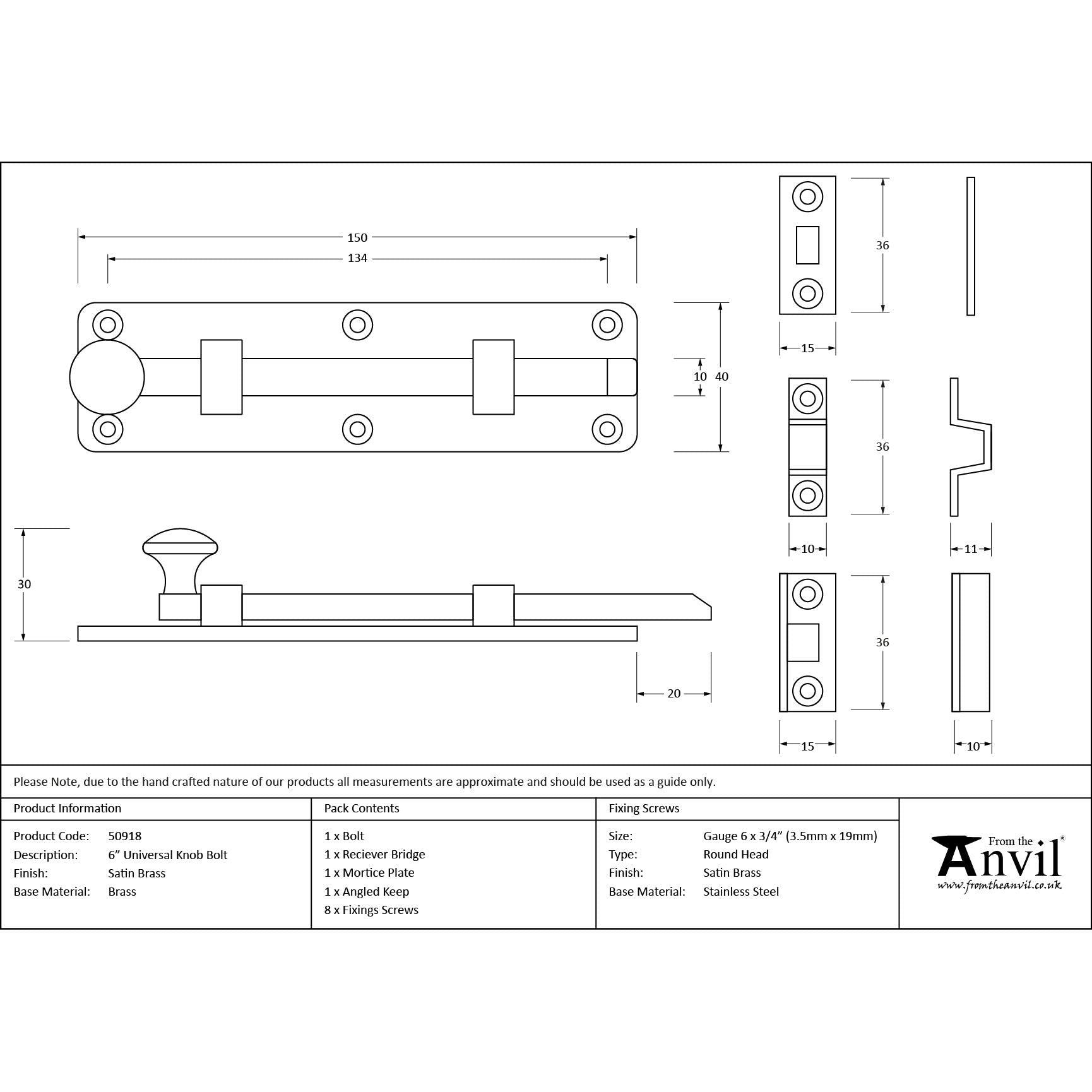 Satin Brass 6" Universal Bolt | From The Anvil - Bolts - From The Anvil - Yester Home