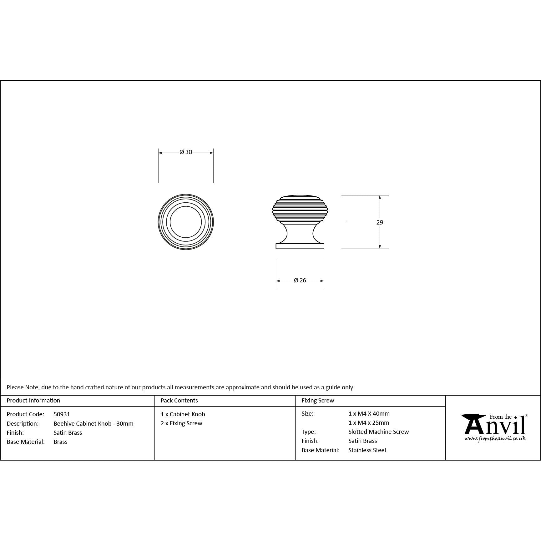 Satin Brass Beehive Cabinet Knob 30mm | From The Anvil - Cabinet Knobs - From The Anvil - Yester Home