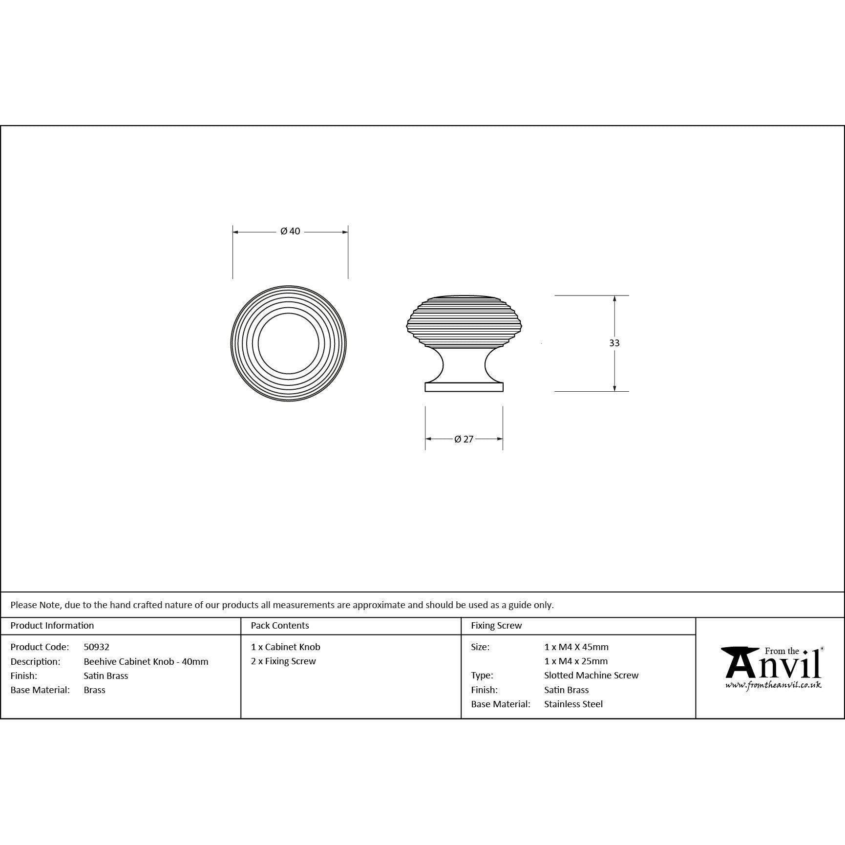 Satin Brass Beehive Cabinet Knob 40mm | From The Anvil - Cabinet Knobs - From The Anvil - Yester Home