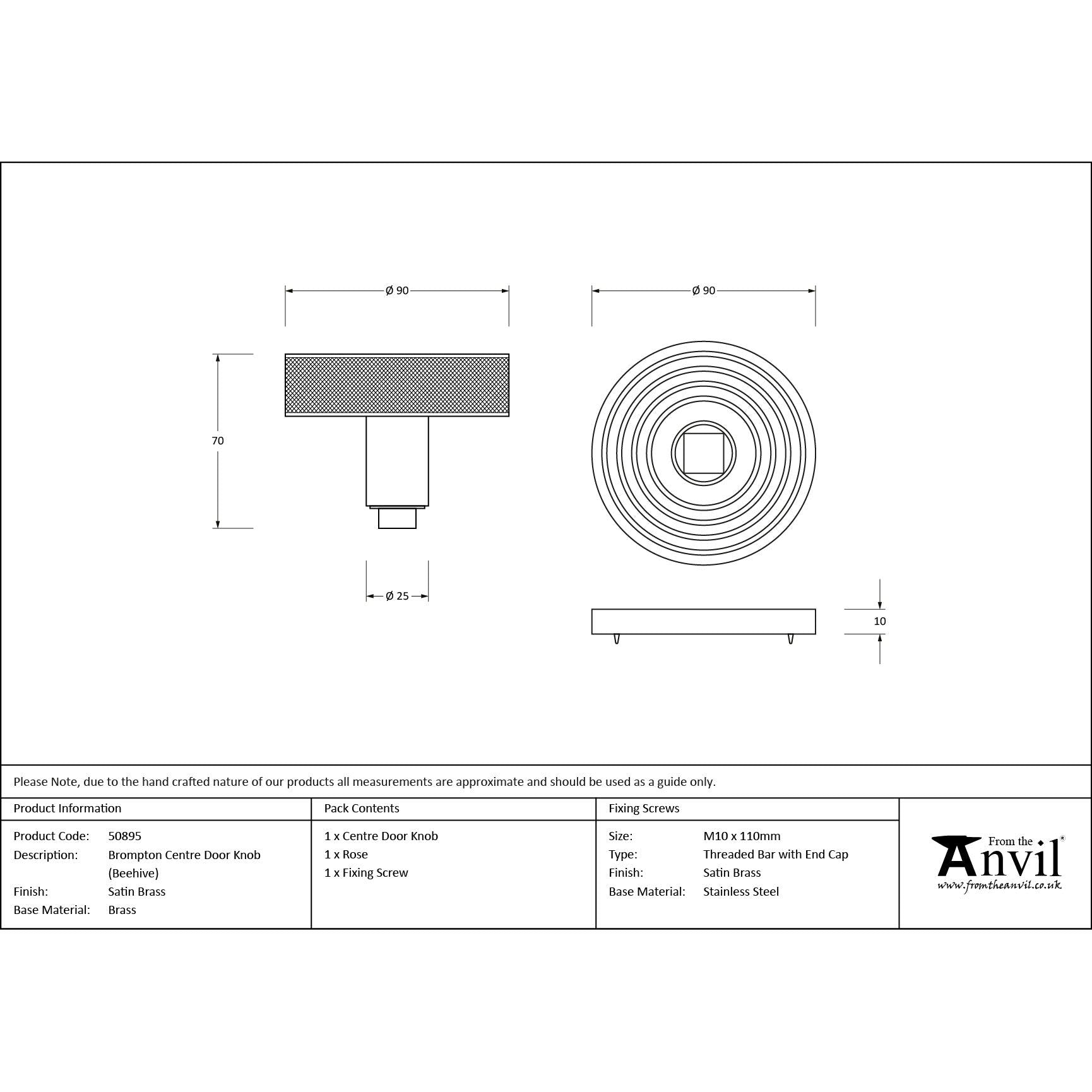 Satin Brass Brompton Centre Door Knob (Beehive) | From The Anvil - Centre Door Knobs - From The Anvil - Yester Home