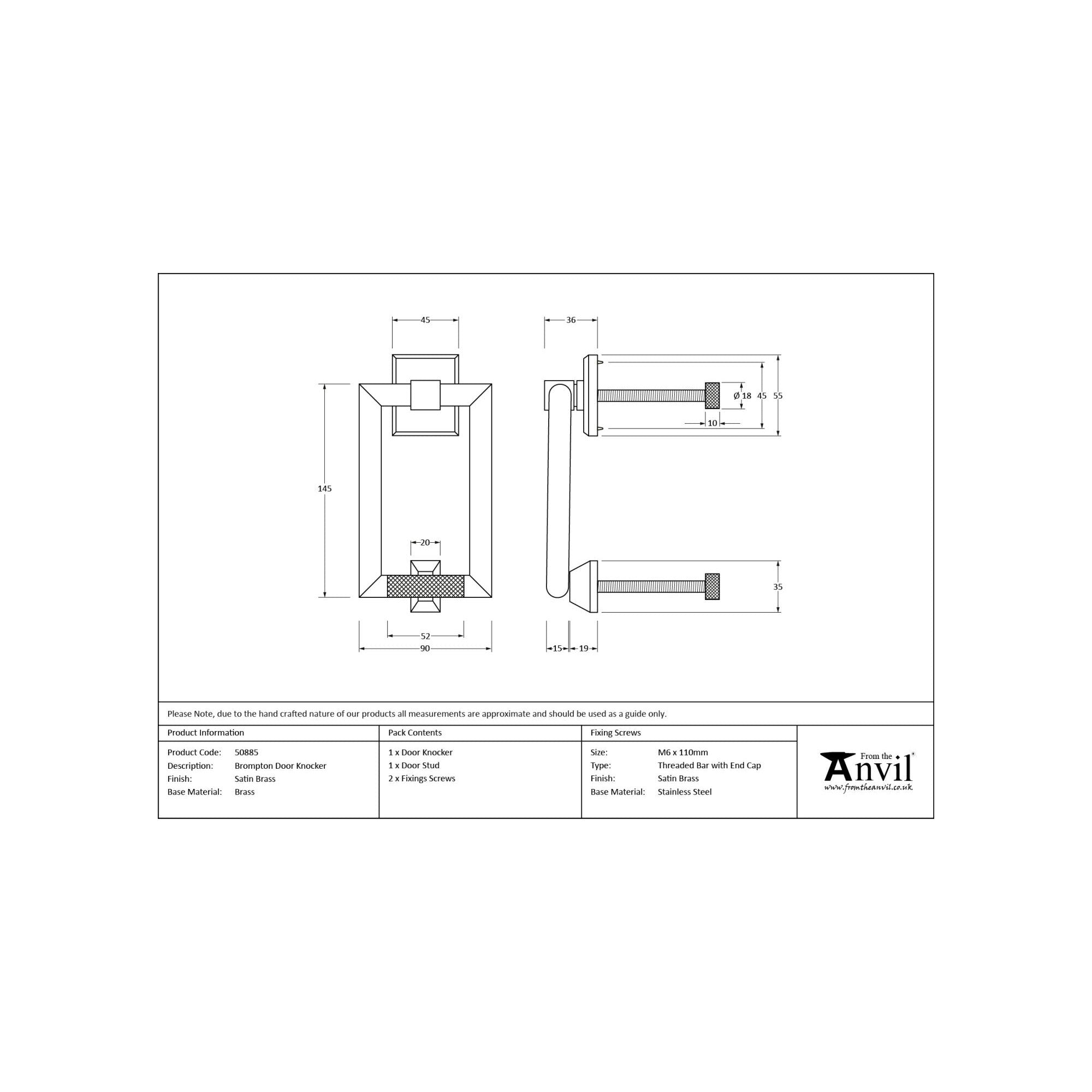 Satin Brass Brompton Door Knocker | From The Anvil - Bolt-Through Door Knockers - From The Anvil - Yester Home