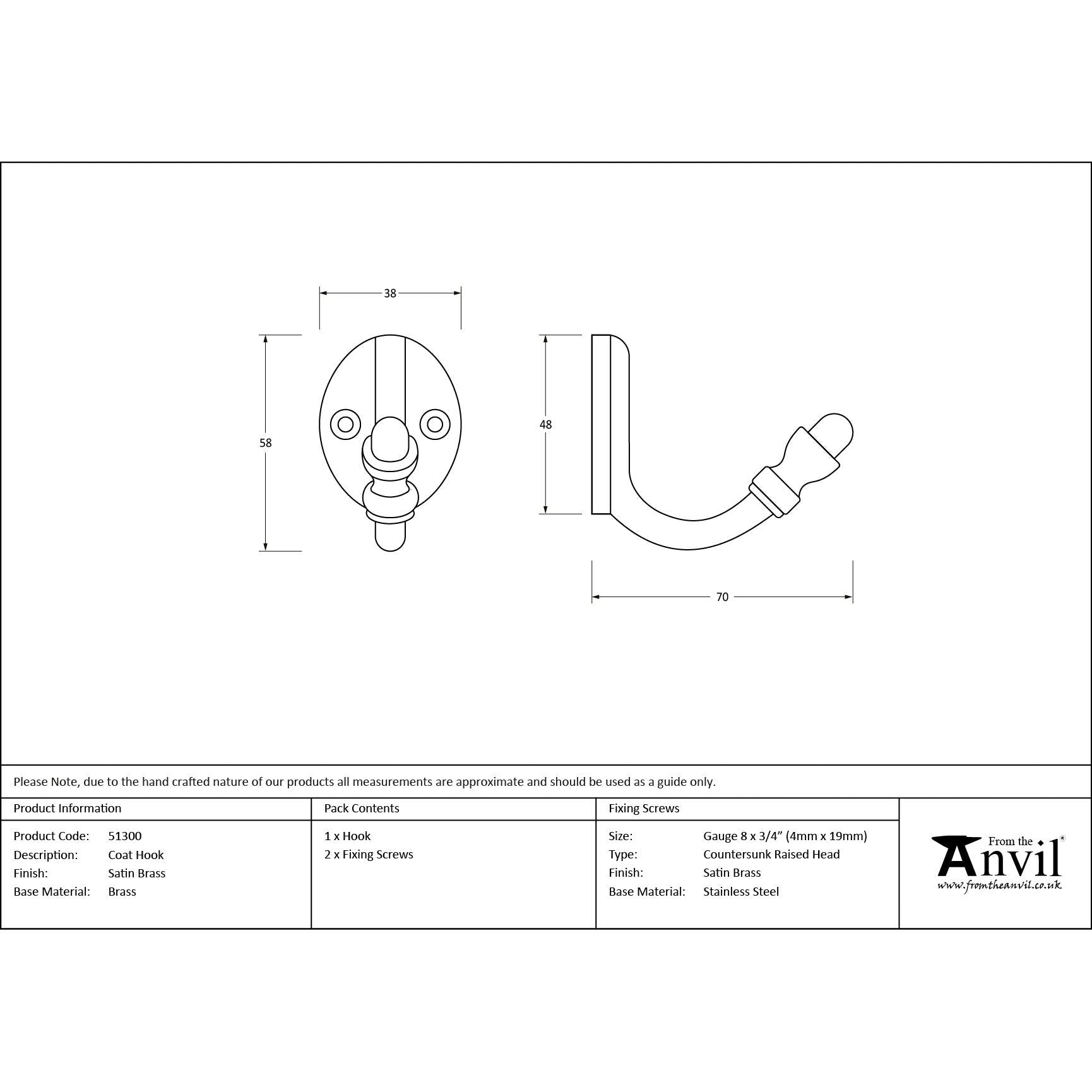 Satin Brass Coat Hook | From The Anvil - Coat Hooks - From The Anvil - Yester Home