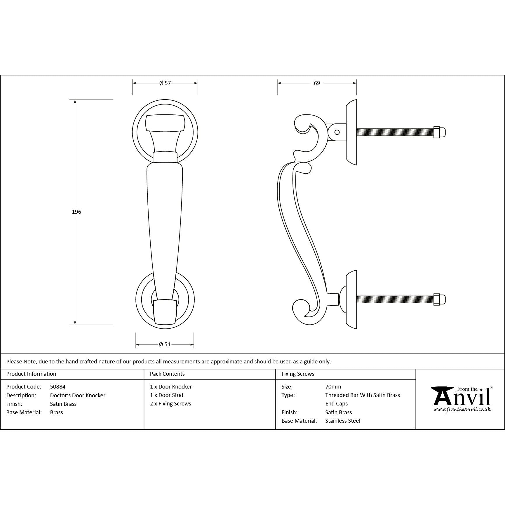 Satin Brass Doctors Door Knocker | From The Anvil - Bolt-Through Door Knockers - From The Anvil - Yester Home