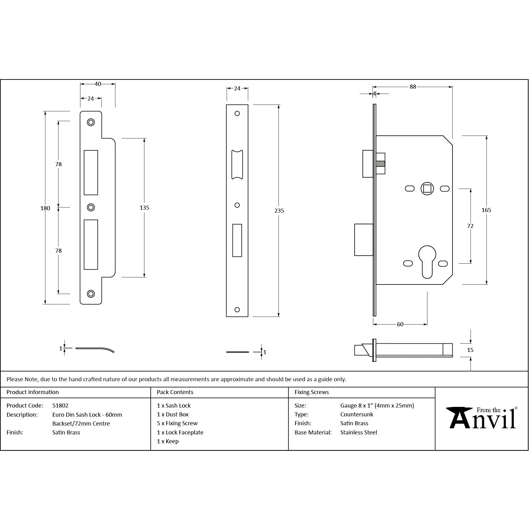Satin Brass Euro Din Sash Lock - 60mm Backset/72mm Centre - Euro Locks - From The Anvil - Yester Home