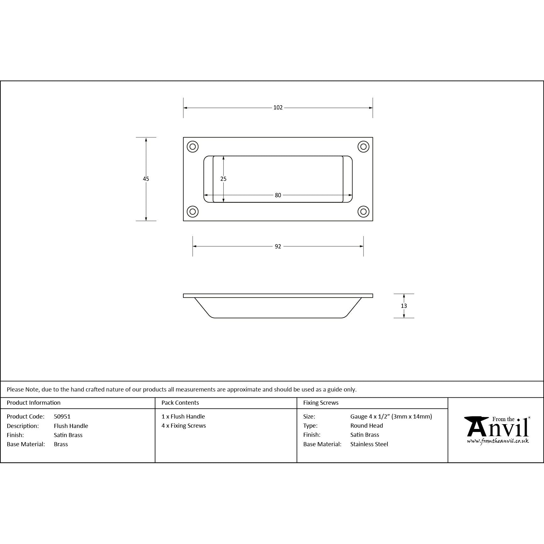 Satin Brass Flush Handle | From The Anvil - Flush Handles - From The Anvil - Yester Home