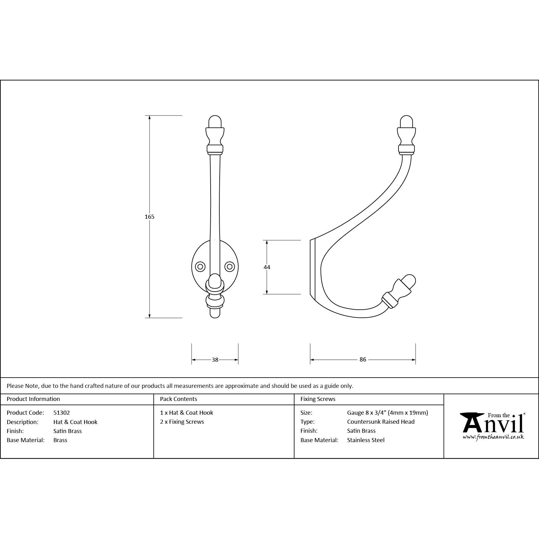 Satin Brass Hat & Coat Hook | From The Anvil - Coat Hooks - From The Anvil - Yester Home