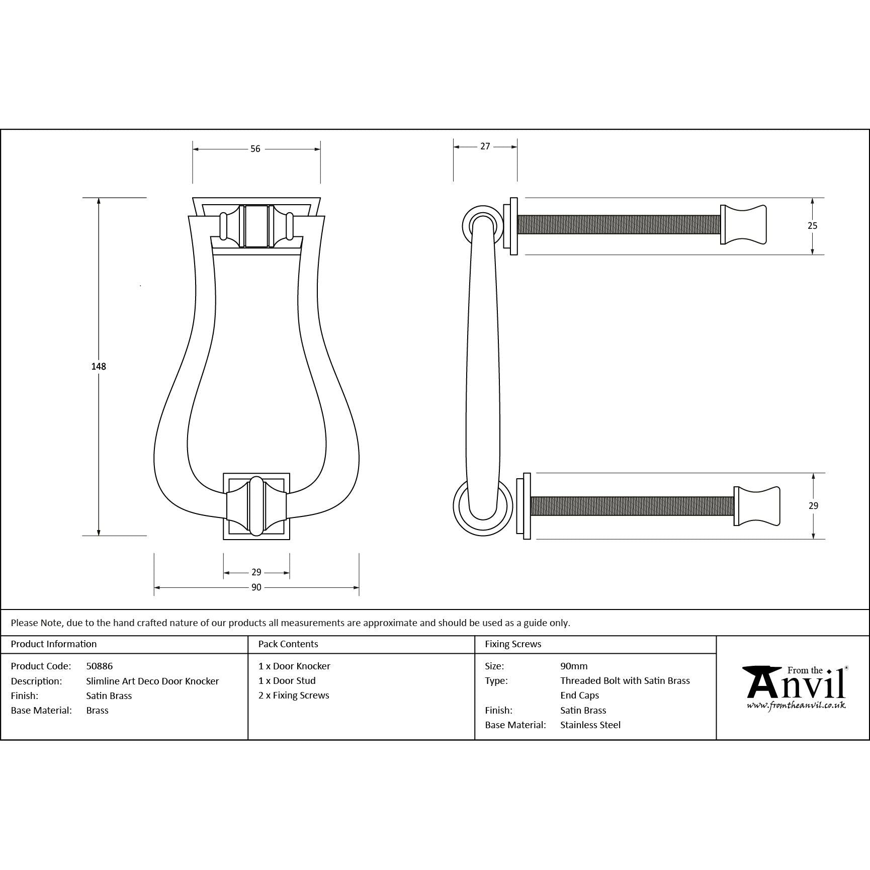 Satin Brass Slimline Art Deco Door Knocker | From The Anvil - Bolt-Through Door Knockers - From The Anvil - Yester Home