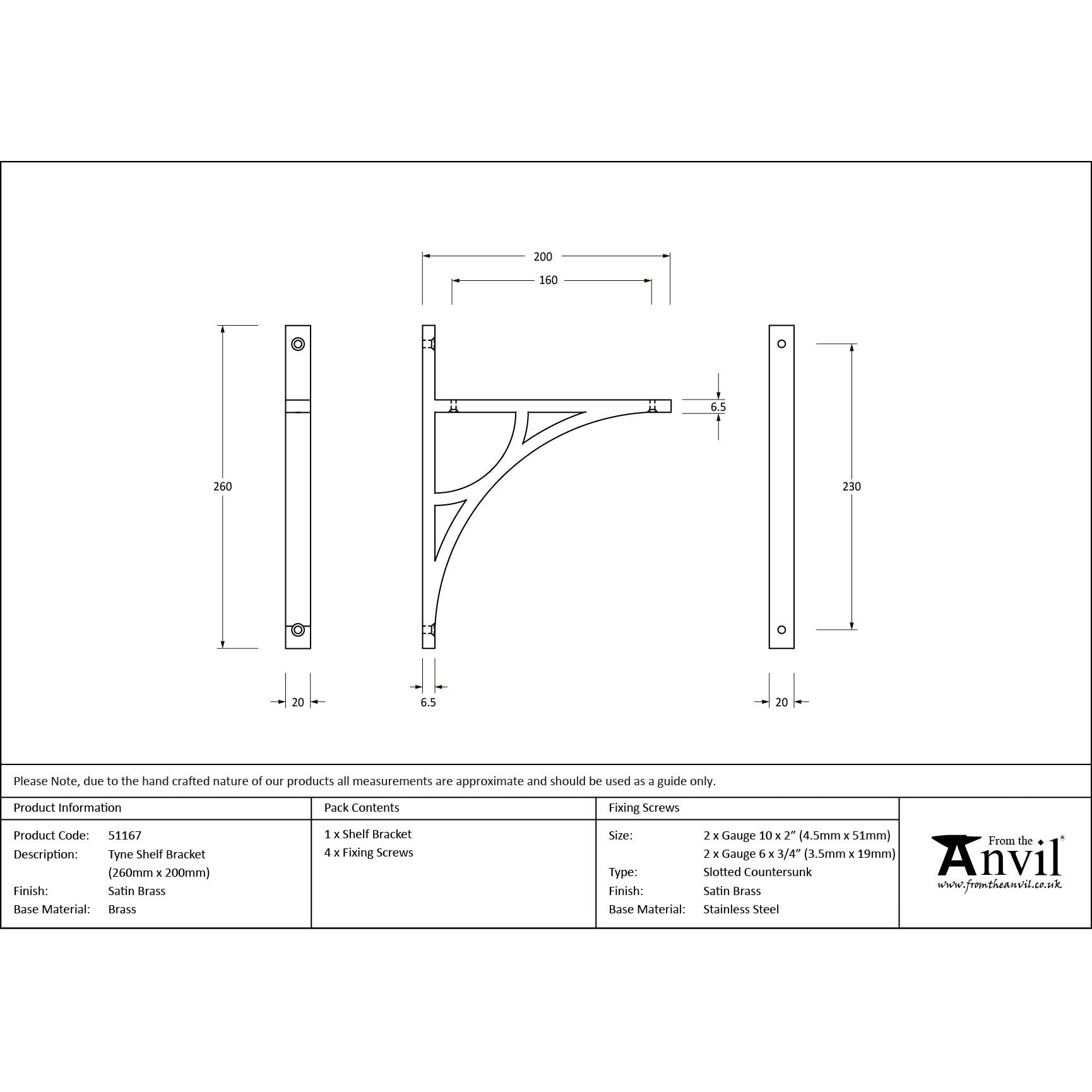 Satin Brass Tyne Shelf Bracket (260mm x 200mm) | From The Anvil - Shelf Brackets - From The Anvil - Yester Home