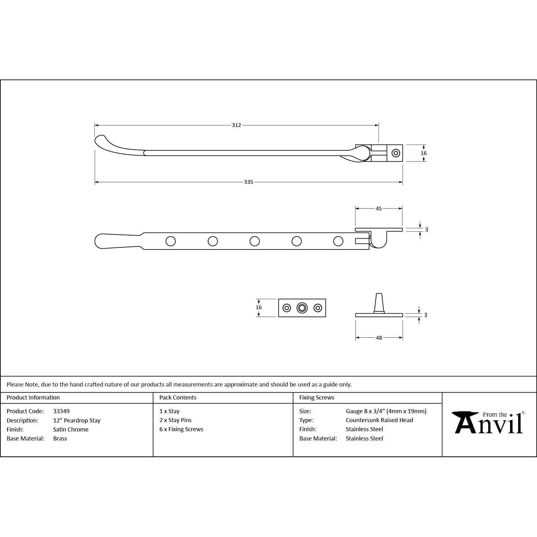 Satin Chrome 12" Peardrop Stay | From The Anvil - Stays - From The Anvil - Yester Home