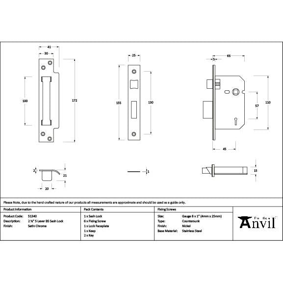 Satin Chrome 2½" 5 Lever BS Sash Lock - Sash Locks - From The Anvil - Yester Home