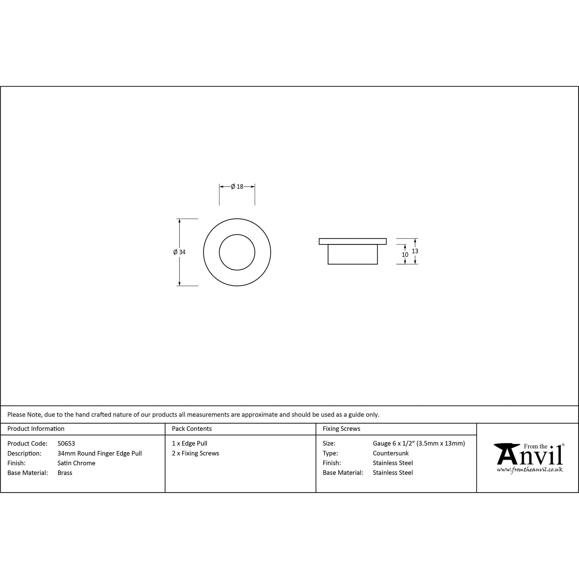 Satin Chrome 34mm Round Finger Edge Pull | From The Anvil - Cabinet Pulls - From The Anvil - Yester Home