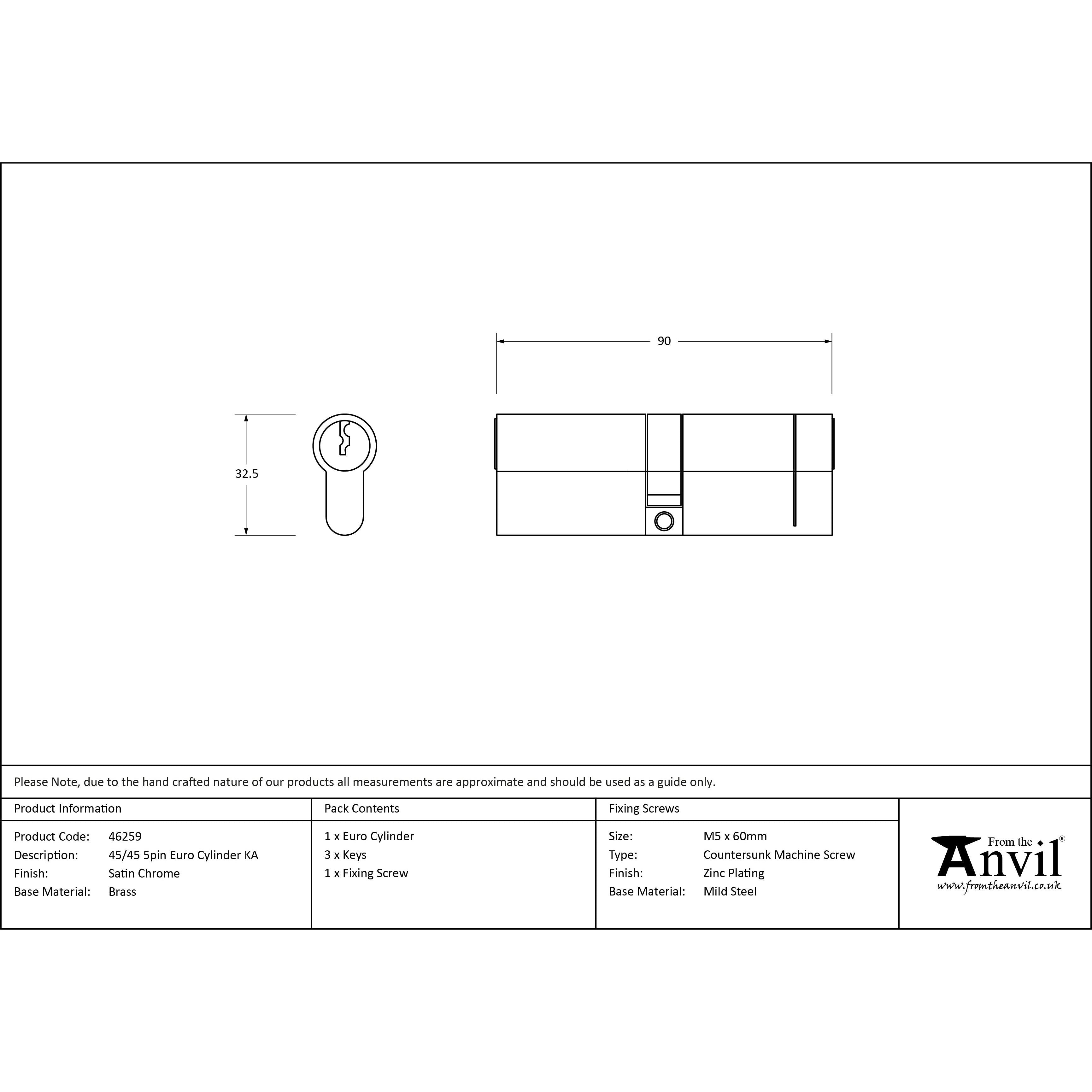 Satin Chrome 45/45 5pin Euro Cylinder KA | From The Anvil - Euro Cylinders - From The Anvil - Yester Home