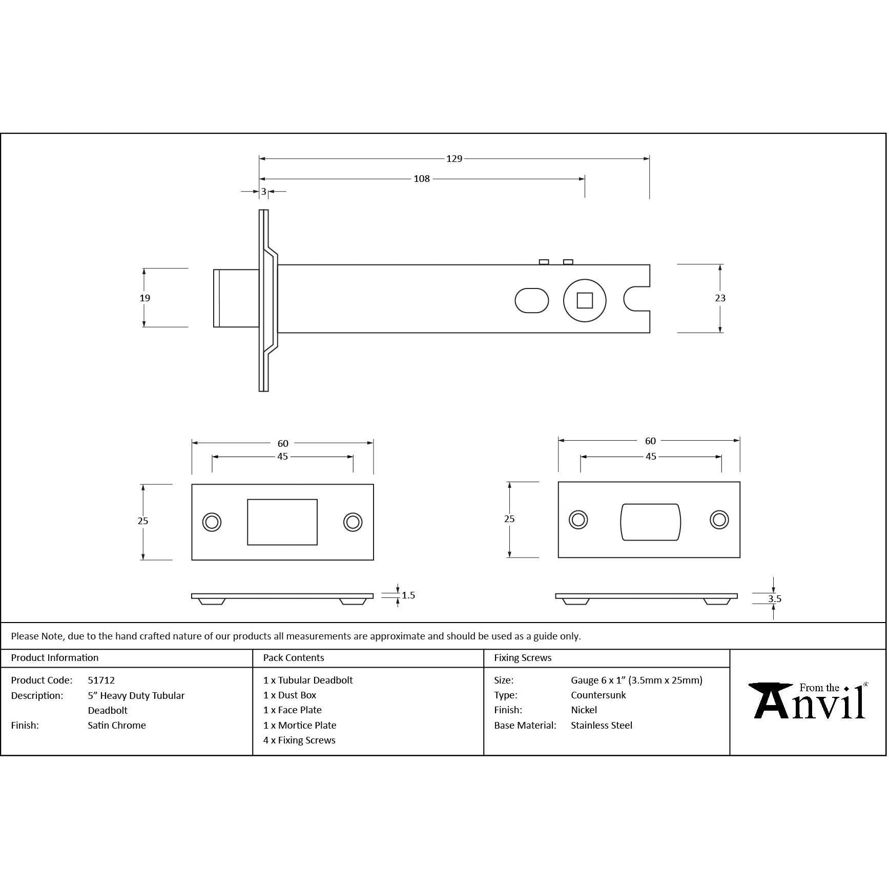 Satin Chrome 5" Heavy Duty Tubular Deadbolt - Deadlocks & Deadbolts - From The Anvil - Yester Home