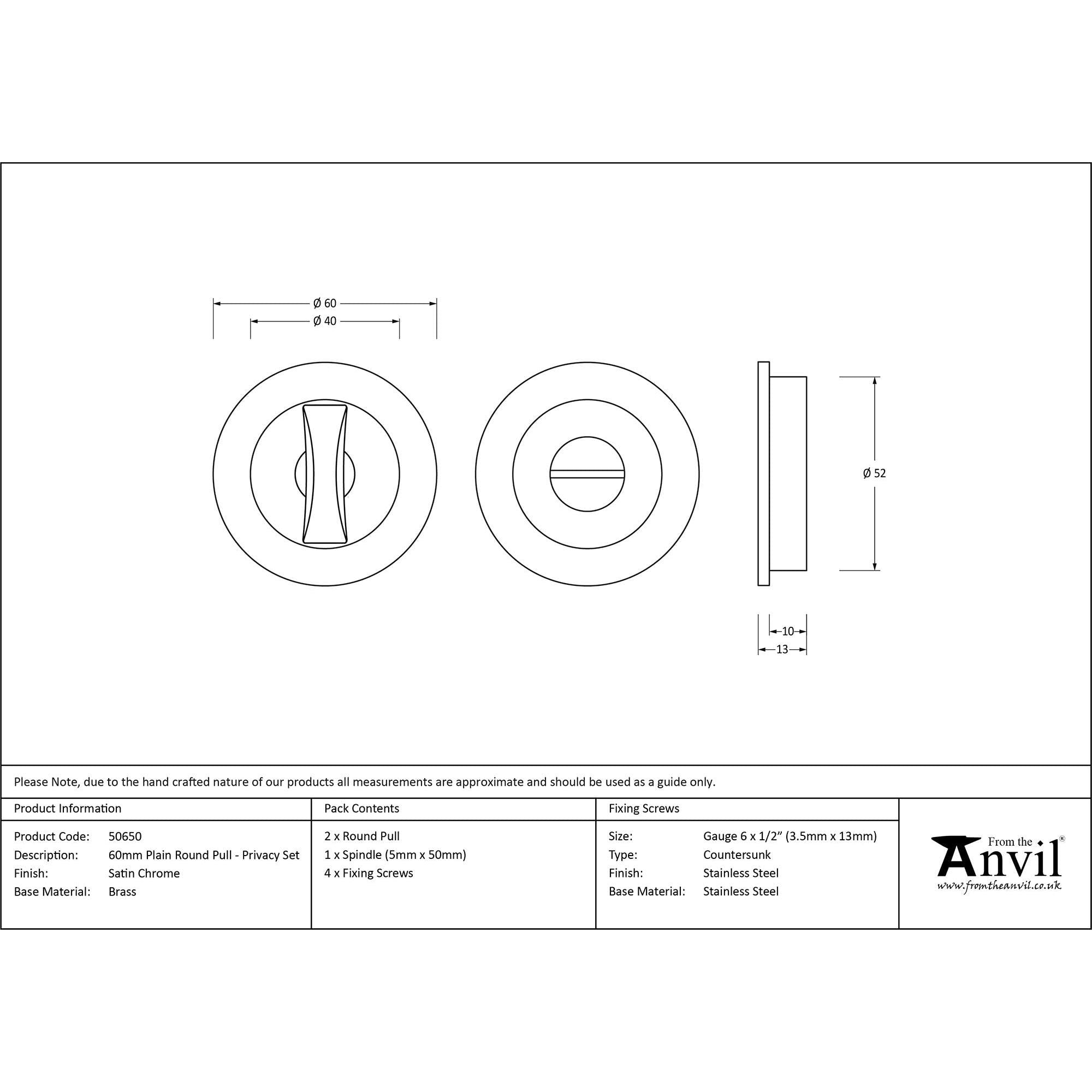 Satin Chrome 60mm Plain Round Pull - Privacy Set | From The Anvil - Cabinet Pulls - From The Anvil - Yester Home