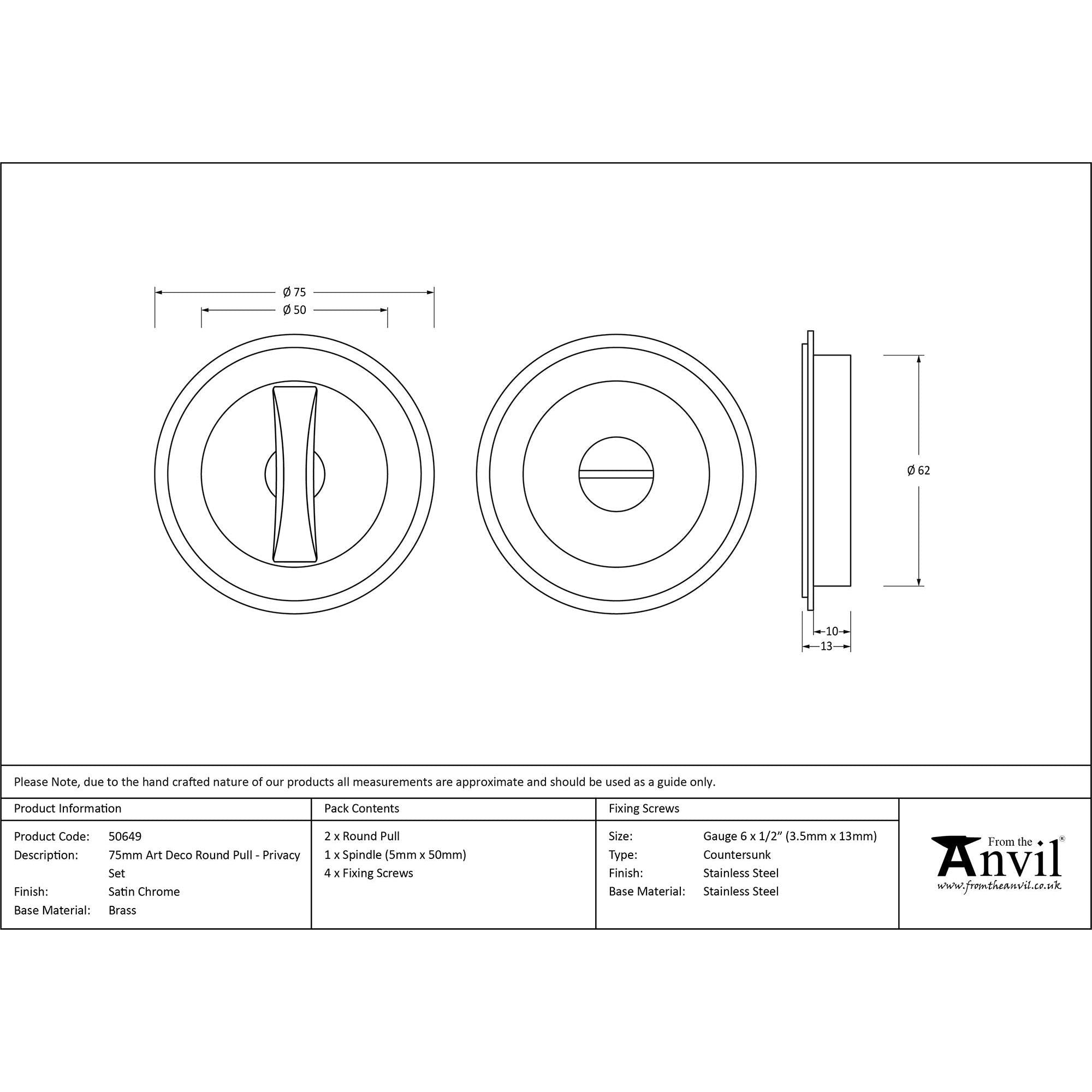 Satin Chrome 75mm Art Deco Round Pull - Privacy Set | From The Anvil - Cabinet Pulls - From The Anvil - Yester Home