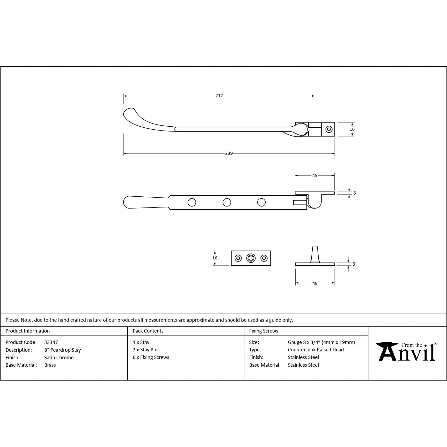 Satin Chrome 8" Peardrop Stay | From The Anvil - Stays - From The Anvil - Yester Home