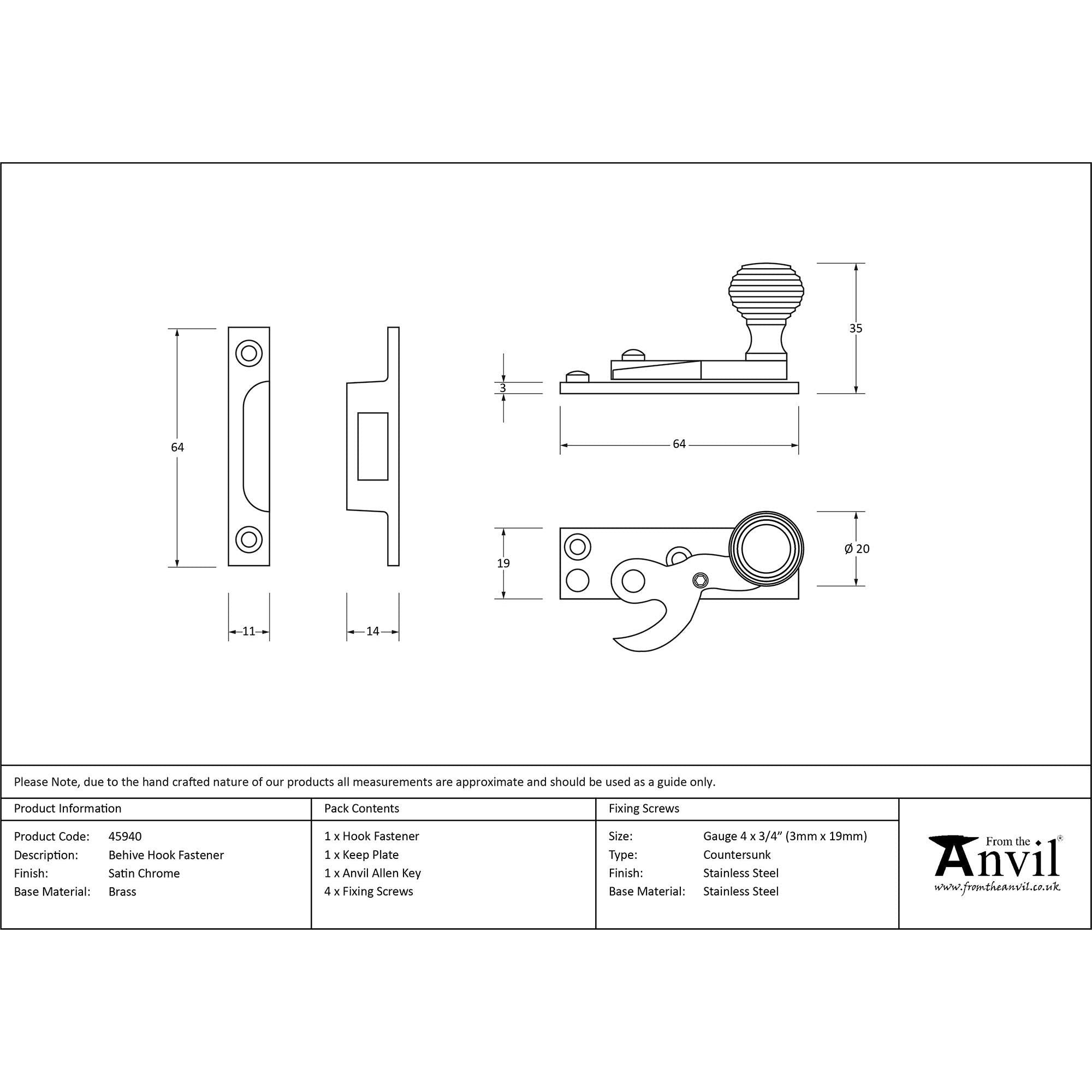 Satin Chrome Beehive Sash Hook Fastener | From The Anvil - Sash Hook Fasteners - From The Anvil - Yester Home