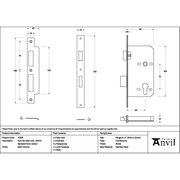 Satin Chrome Euro Din Sash Lock - 60mm Backset/72mm Centre - Euro Locks - From The Anvil - Yester Home