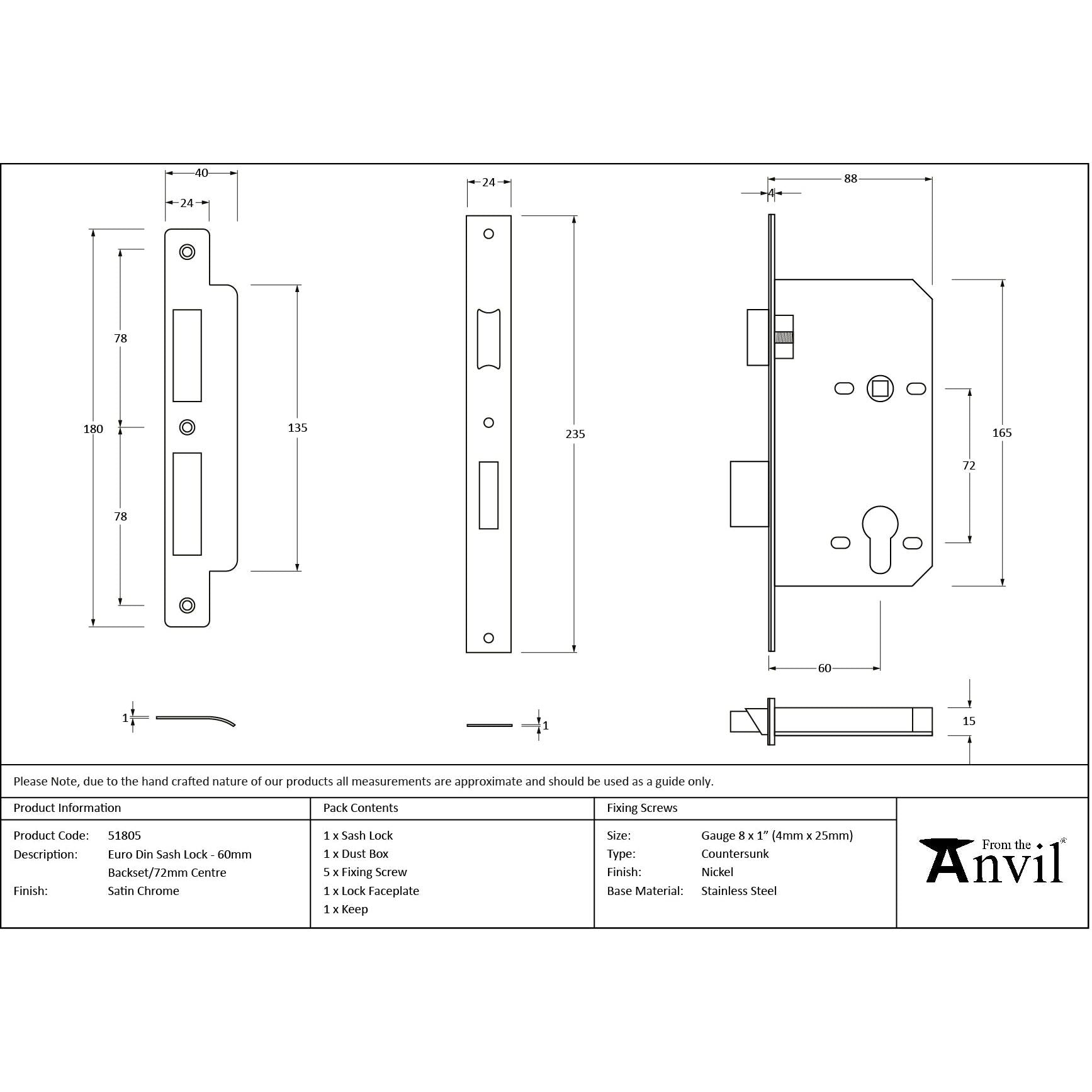 Satin Chrome Euro Din Sash Lock - 60mm Backset/72mm Centre - Euro Locks - From The Anvil - Yester Home
