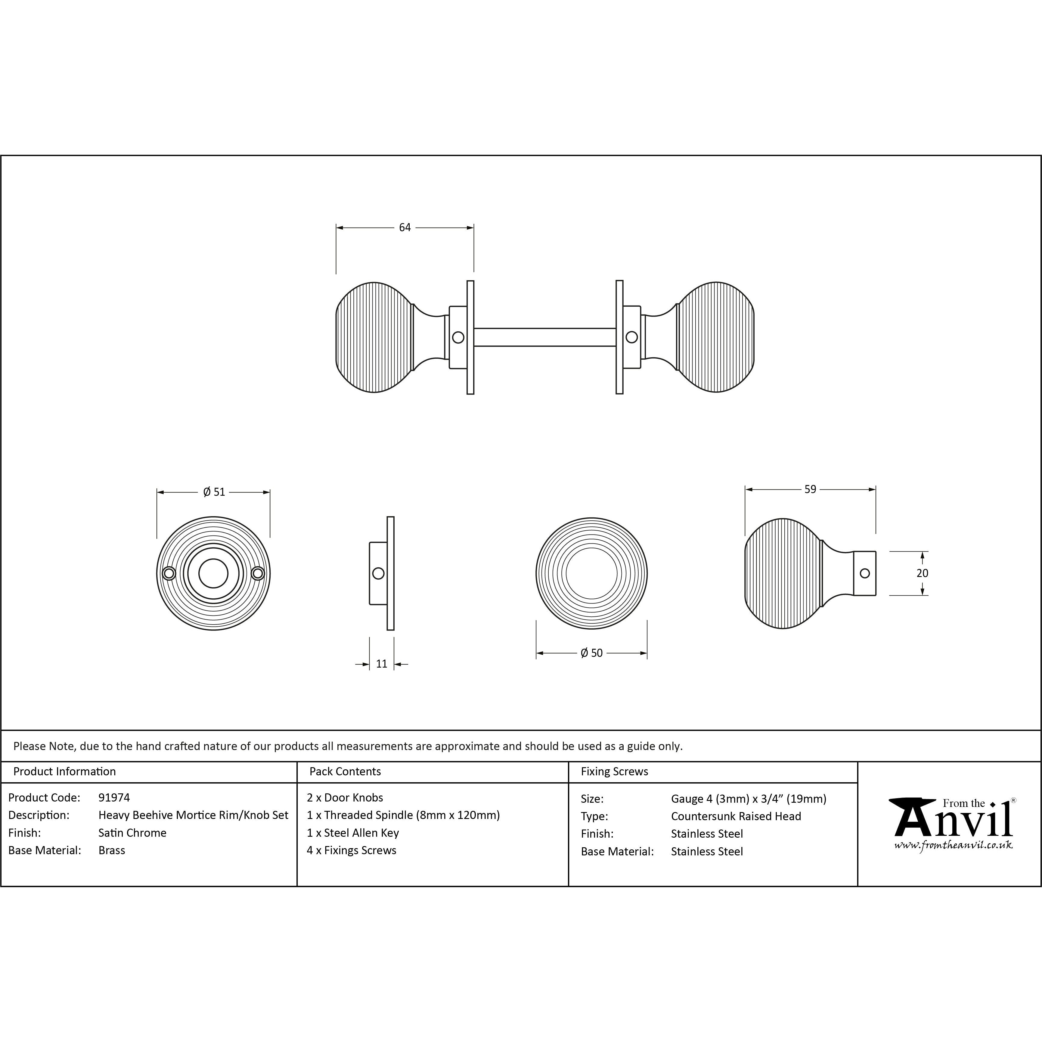 Satin Chrome Heavy Beehive Mortice/Rim Knob Set | From The Anvil-Mortice Knobs-Yester Home