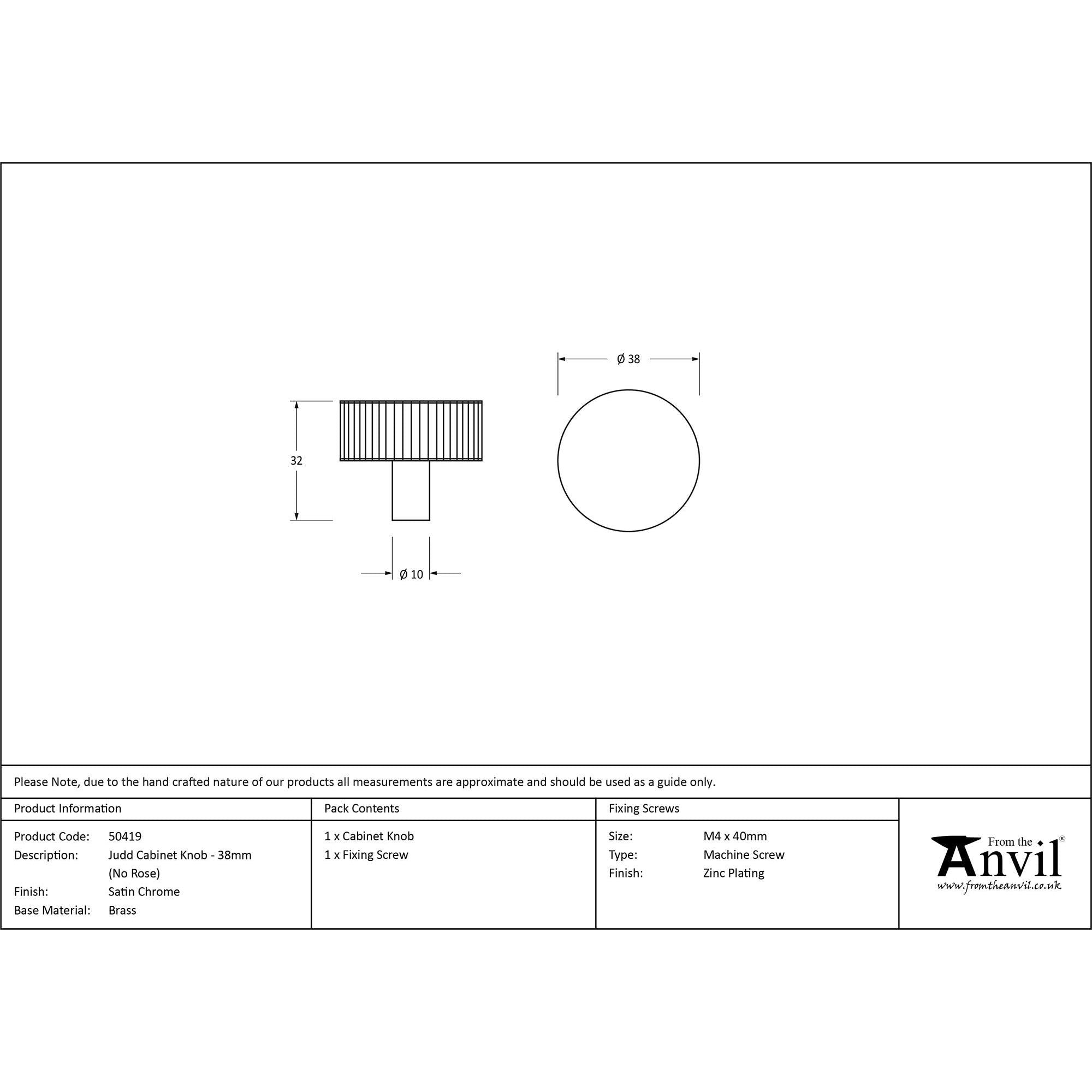 Satin Chrome Judd Cabinet Knob - 38mm (No rose) | From The Anvil - Cabinet Knobs - From The Anvil - Yester Home