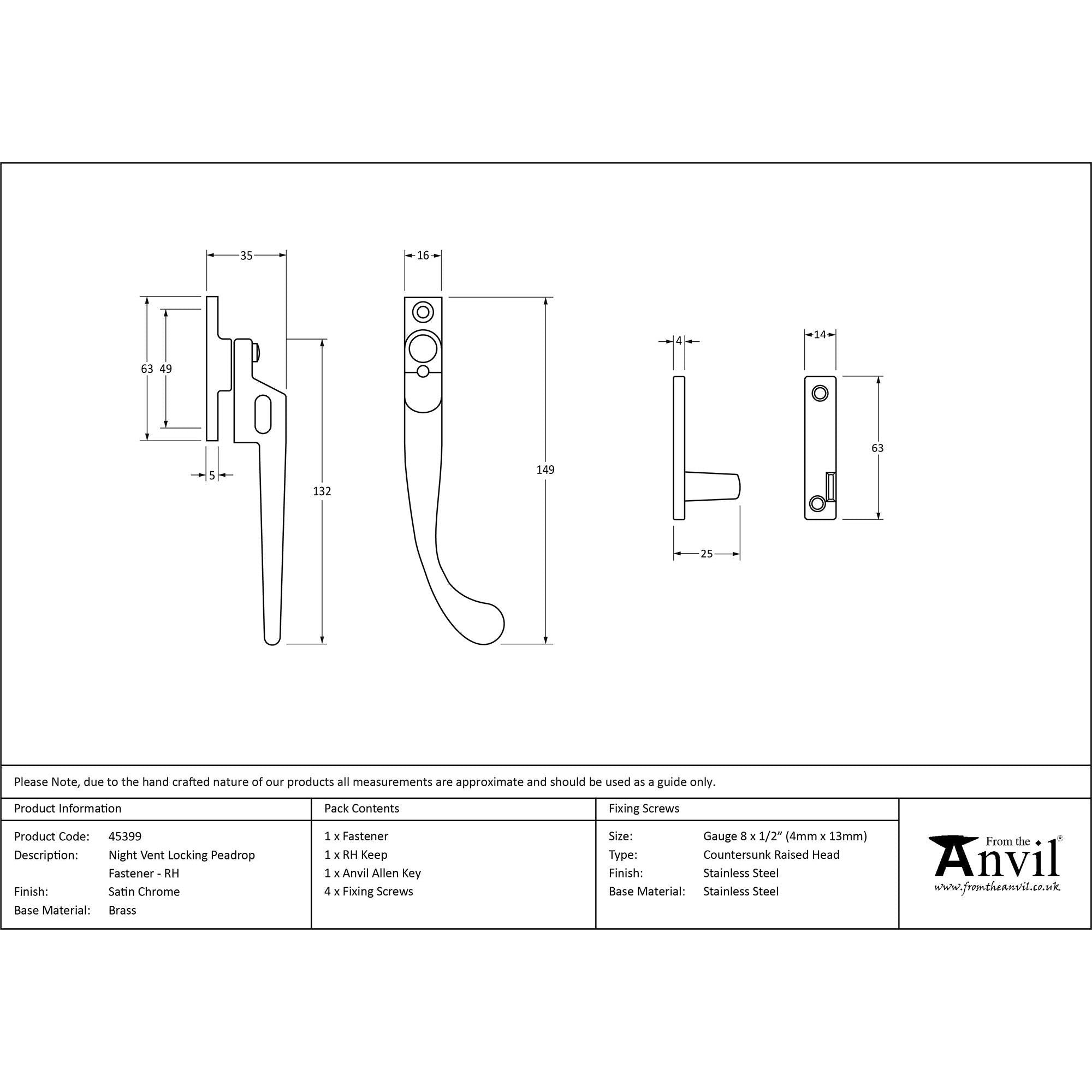 Satin Chrome Night-Vent Locking Peardrop Fastener - RH | From The Anvil - Night-Vent Fasteners - From The Anvil - Yester Home