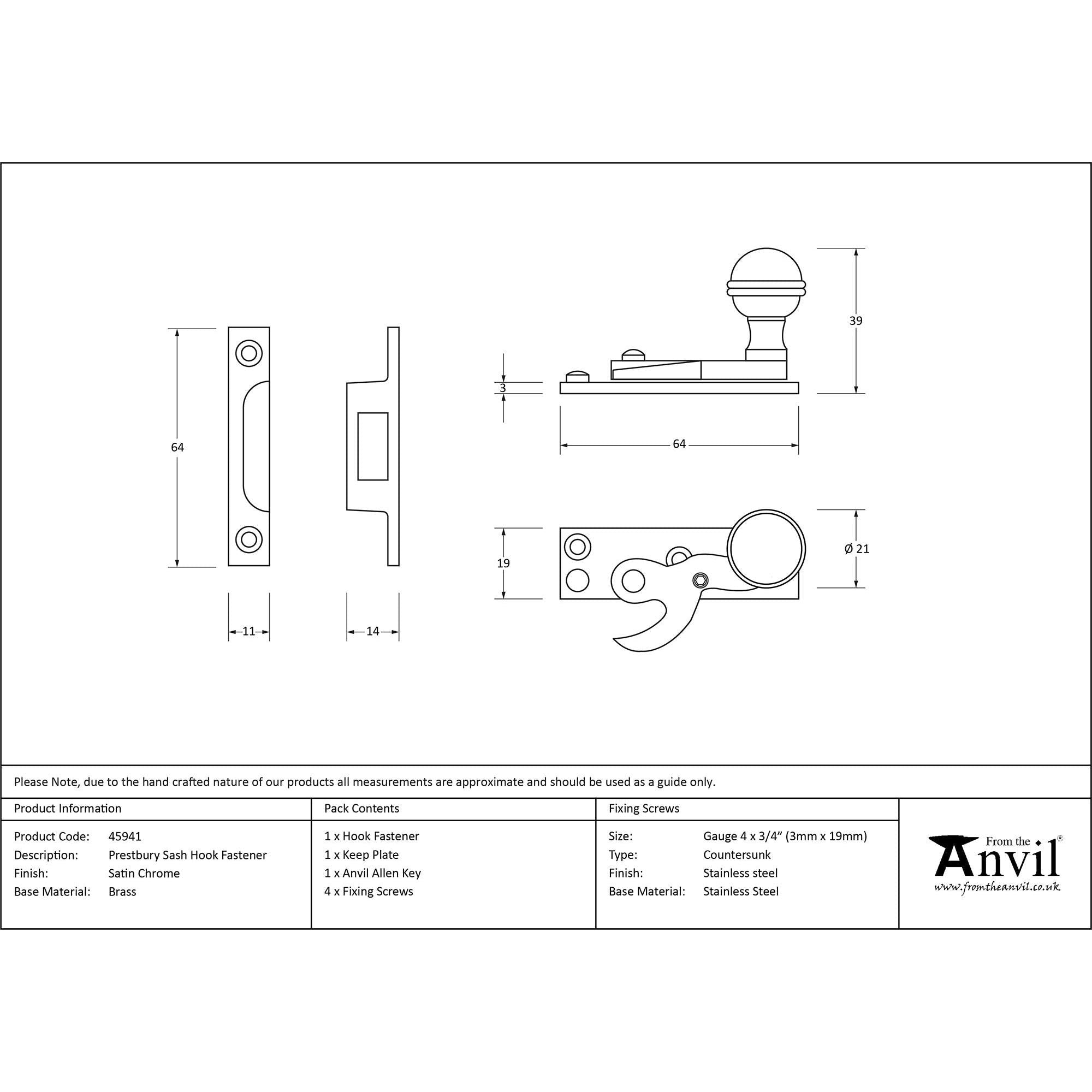 Satin Chrome Prestbury Sash Hook Fastener | From The Anvil - Sash Hook Fasteners - From The Anvil - Yester Home