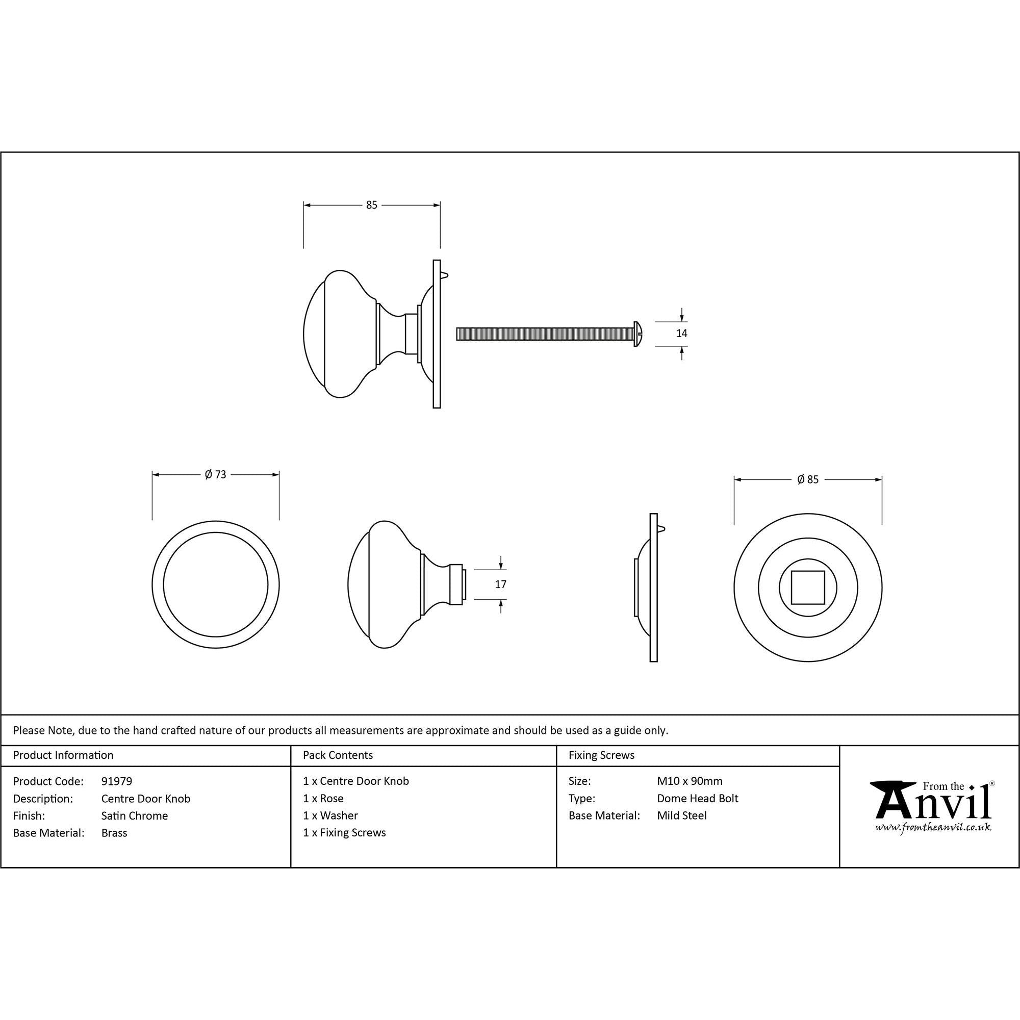 Satin Chrome Round Centre Door Knob | From The Anvil - Centre Door Knobs - From The Anvil - Yester Home
