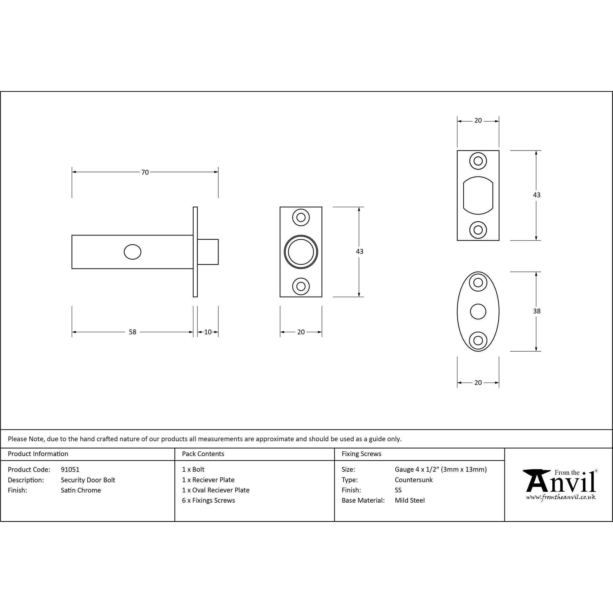 Satin Chrome Security Door Bolt | From The Anvil - Bolts - From The Anvil - Yester Home