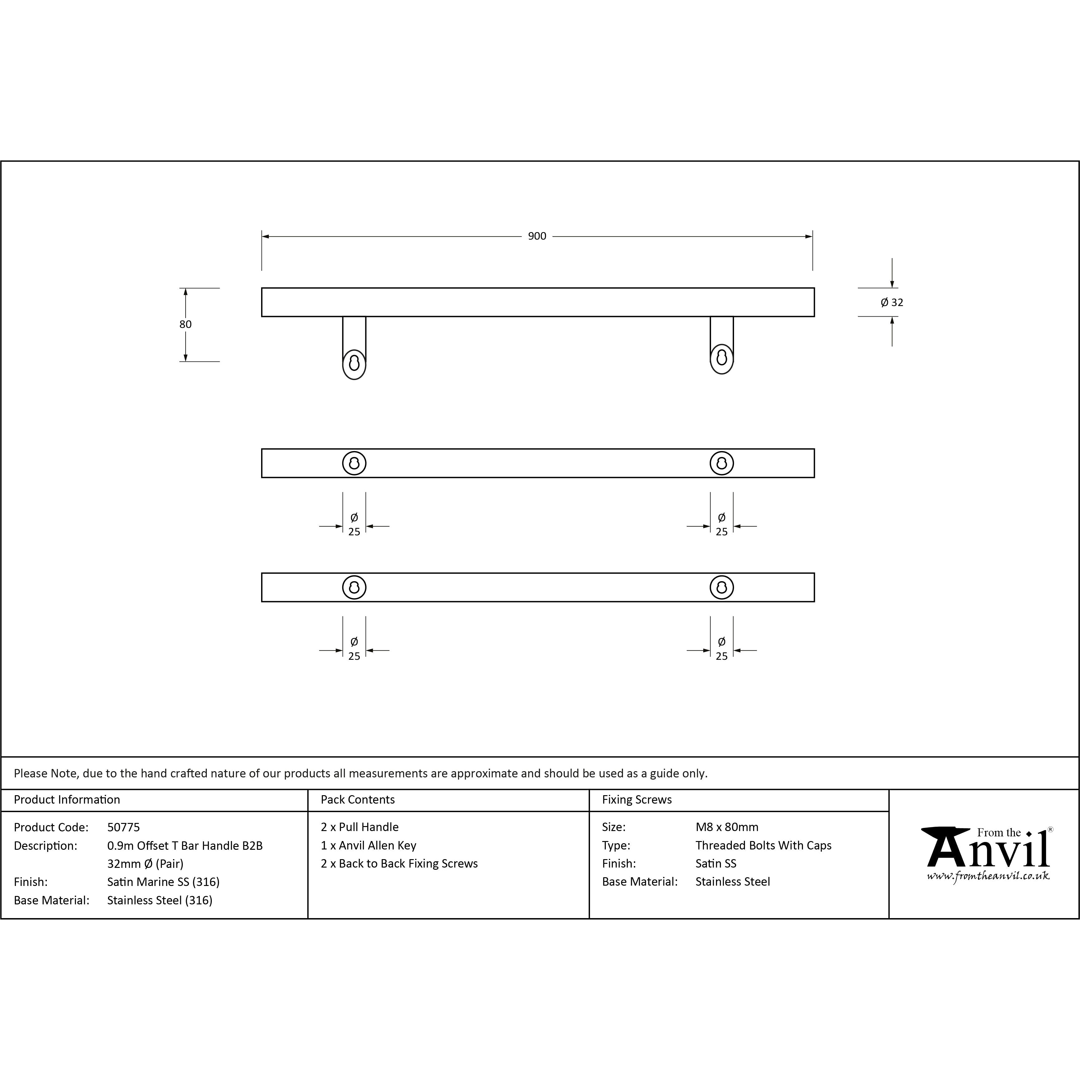 Satin Marine SS (316) 0.9m Offset T Bar Handle B2B 32mm Ø | From The Anvil-Pull Handles-Yester Home