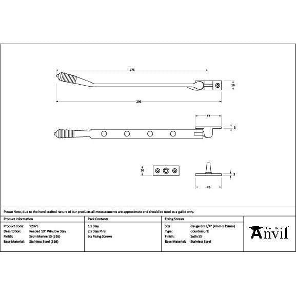 Satin Marine SS (316) 10" Reeded Stay - Stays - From The Anvil - Yester Home