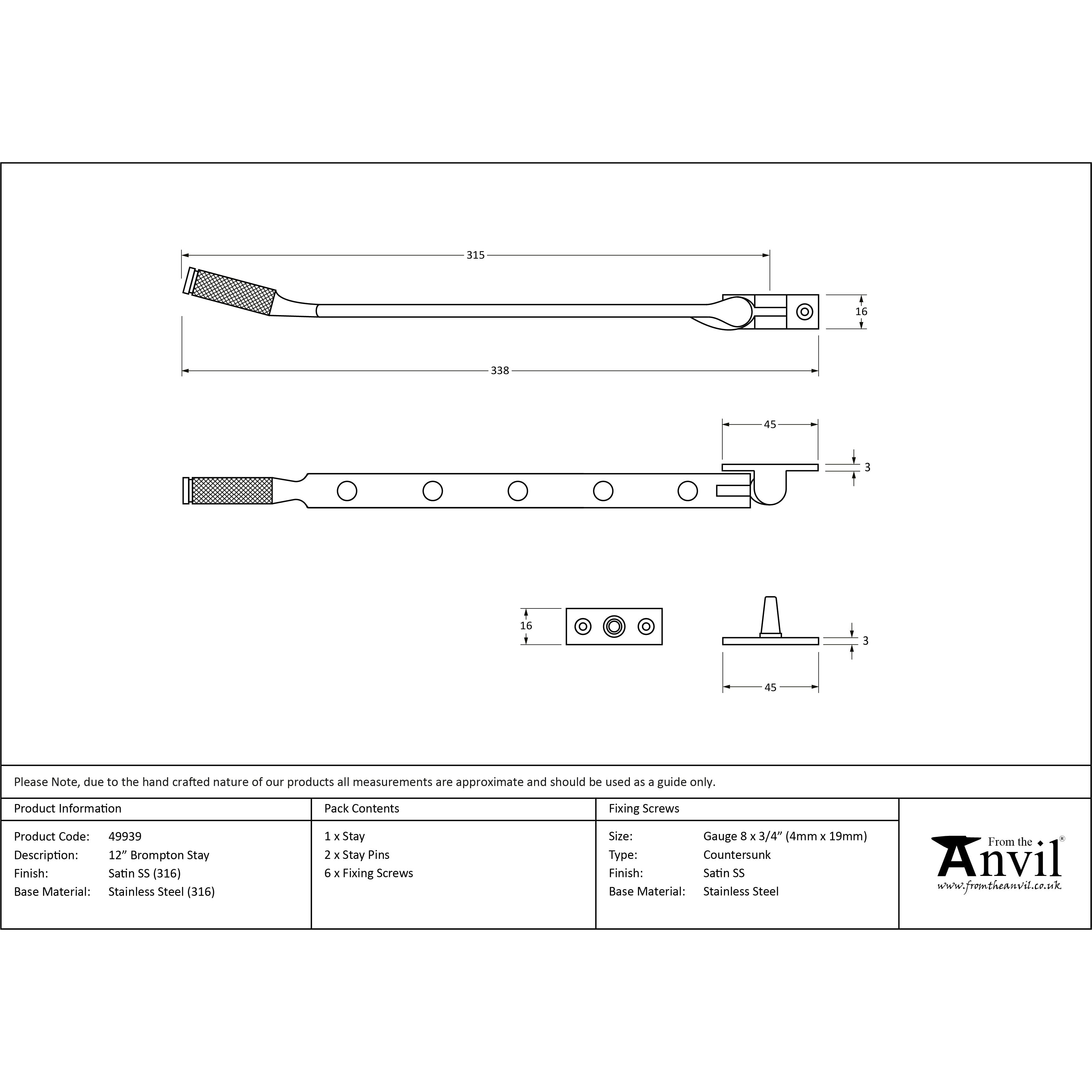 Satin Marine SS (316) 12" Brompton Stay | From The Anvil-Stays-Yester Home