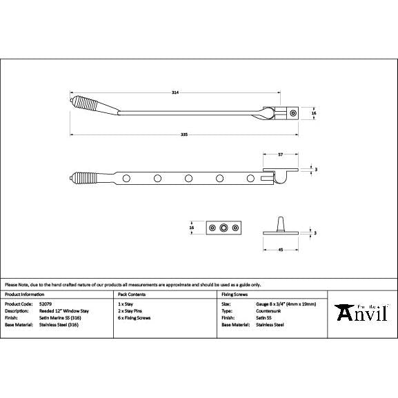 Satin Marine SS (316) 12" Reeded Stay - Stays - From The Anvil - Yester Home
