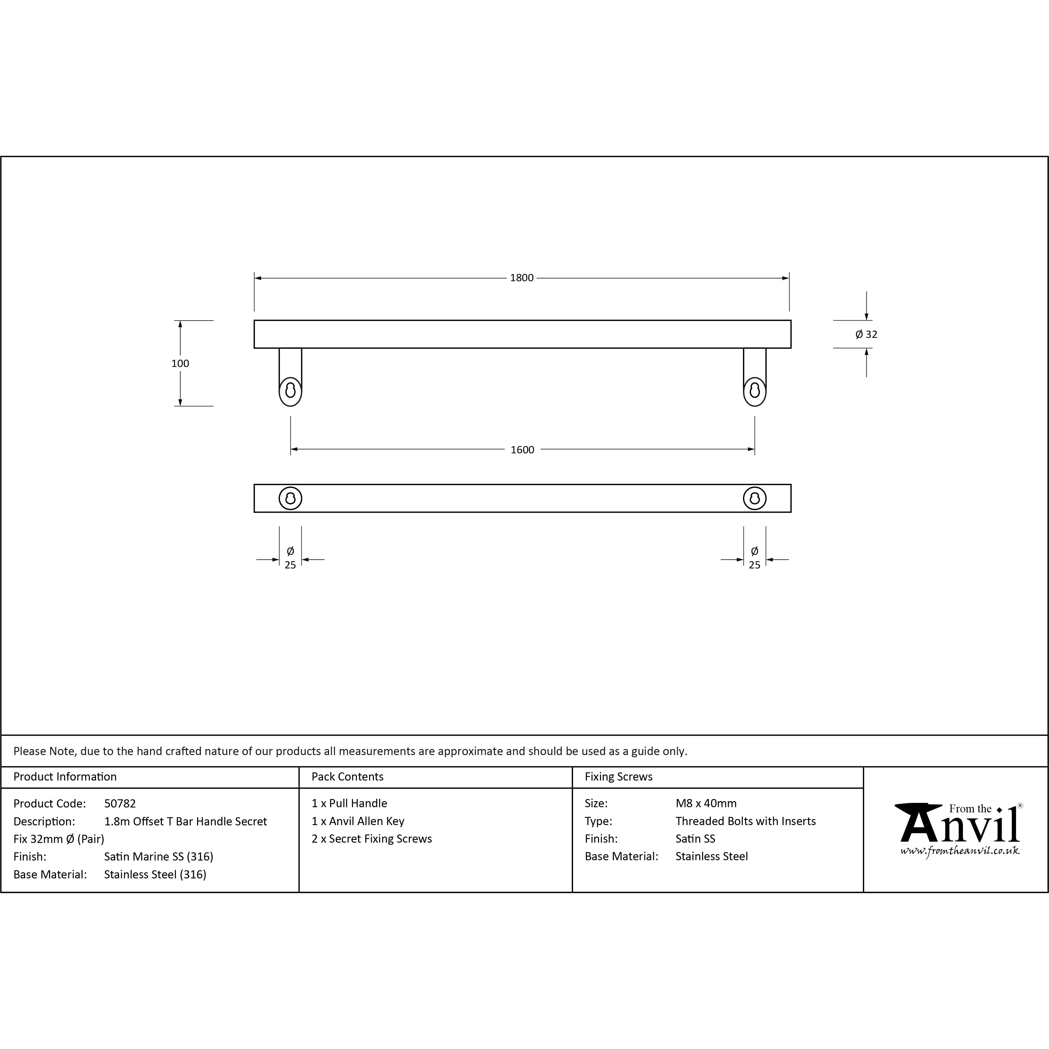 Satin Marine SS (316) 1.8m Offset T Bar Handle Secret Fix 32mm Ø | From The Anvil-Pull Handles-Yester Home