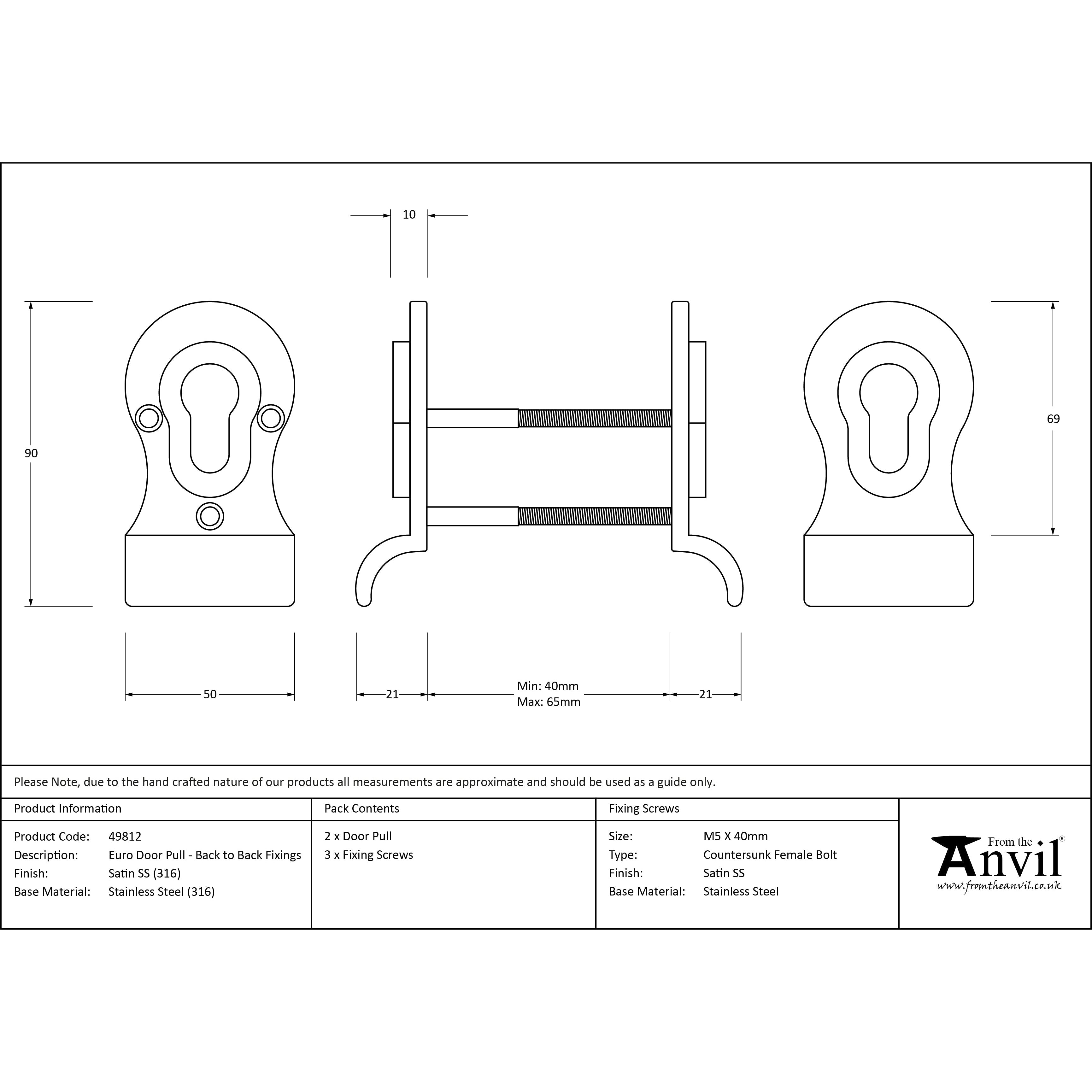 Satin Marine SS (316) 50mm Euro Door Pull (Back to Back fixings) | From The Anvil-Euro Pulls-Yester Home