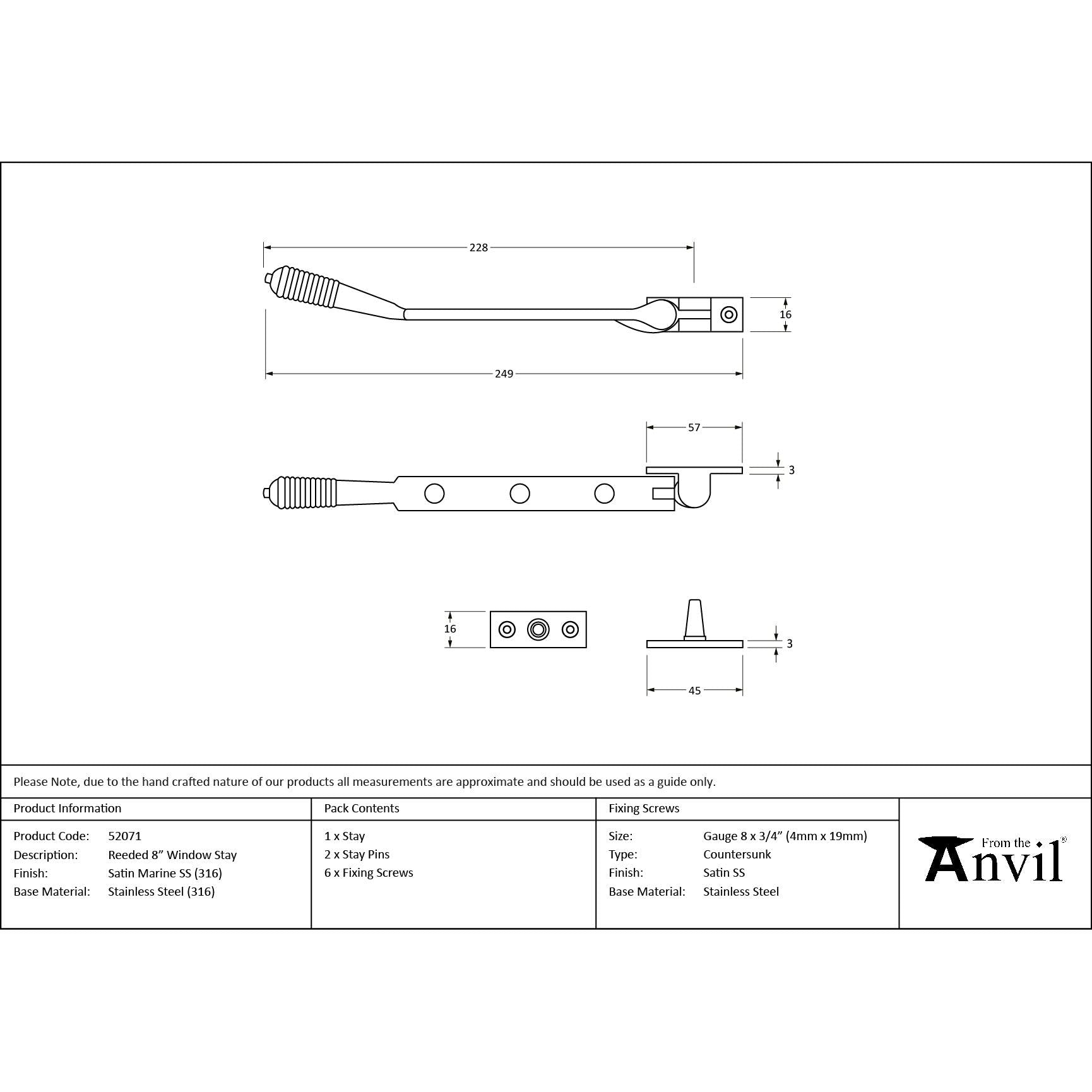 Satin Marine SS (316) 8" Reeded Stay - Stays - From The Anvil - Yester Home