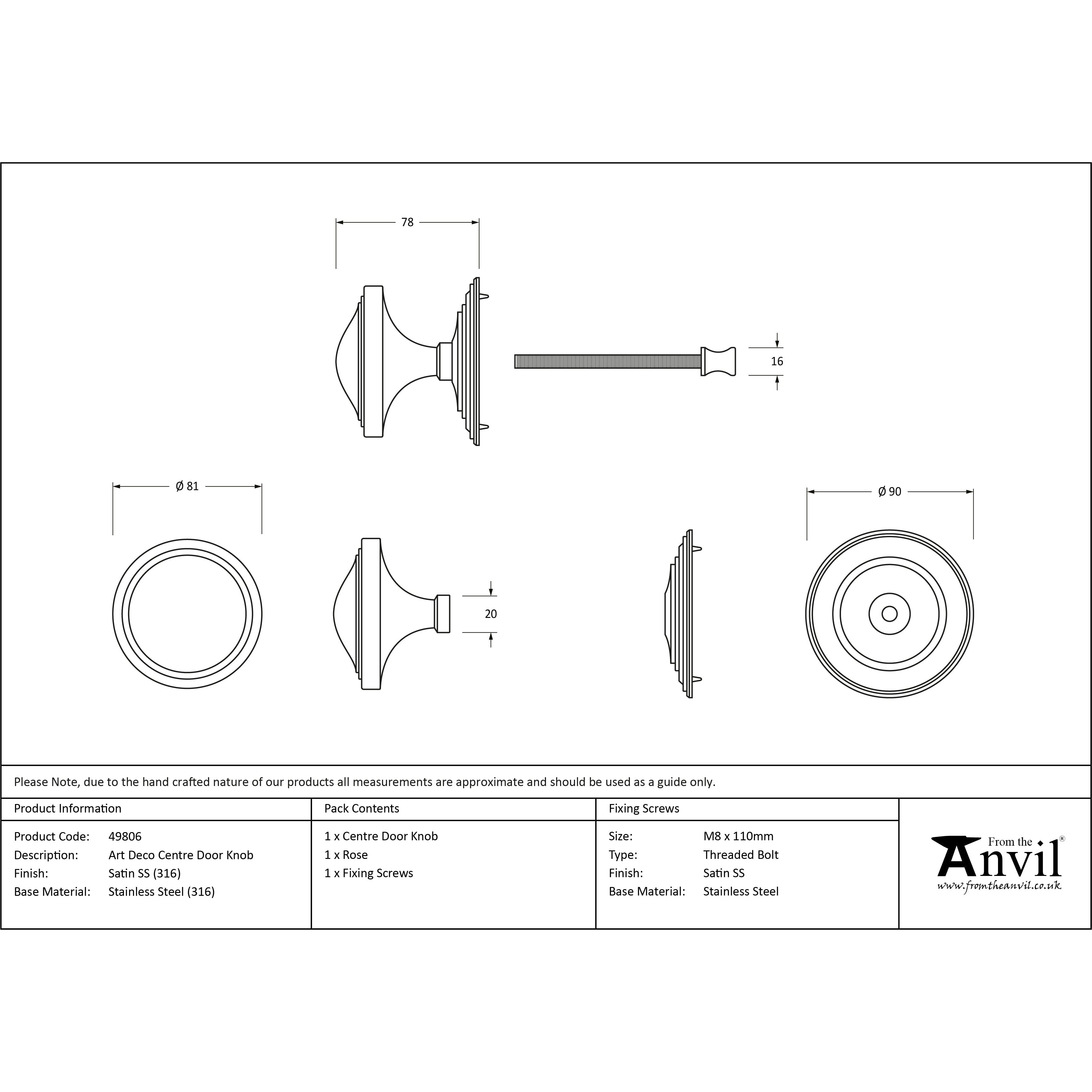 Satin Marine SS (316) Art Deco Centre Door Knob | From The Anvil-Centre Door Knobs-Yester Home