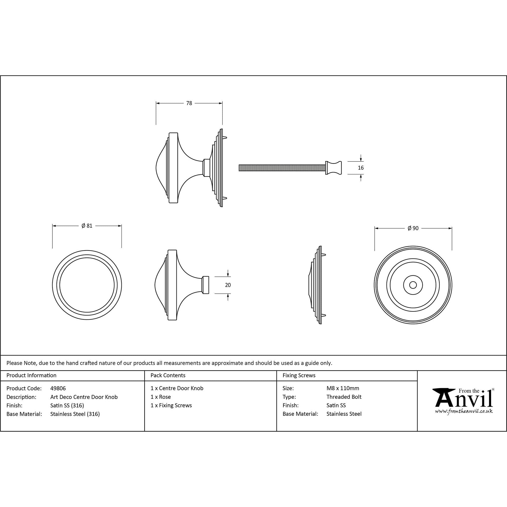 Satin Marine SS (316) Art Deco Centre Door Knob | From The Anvil - Centre Door Knobs - From The Anvil - Yester Home