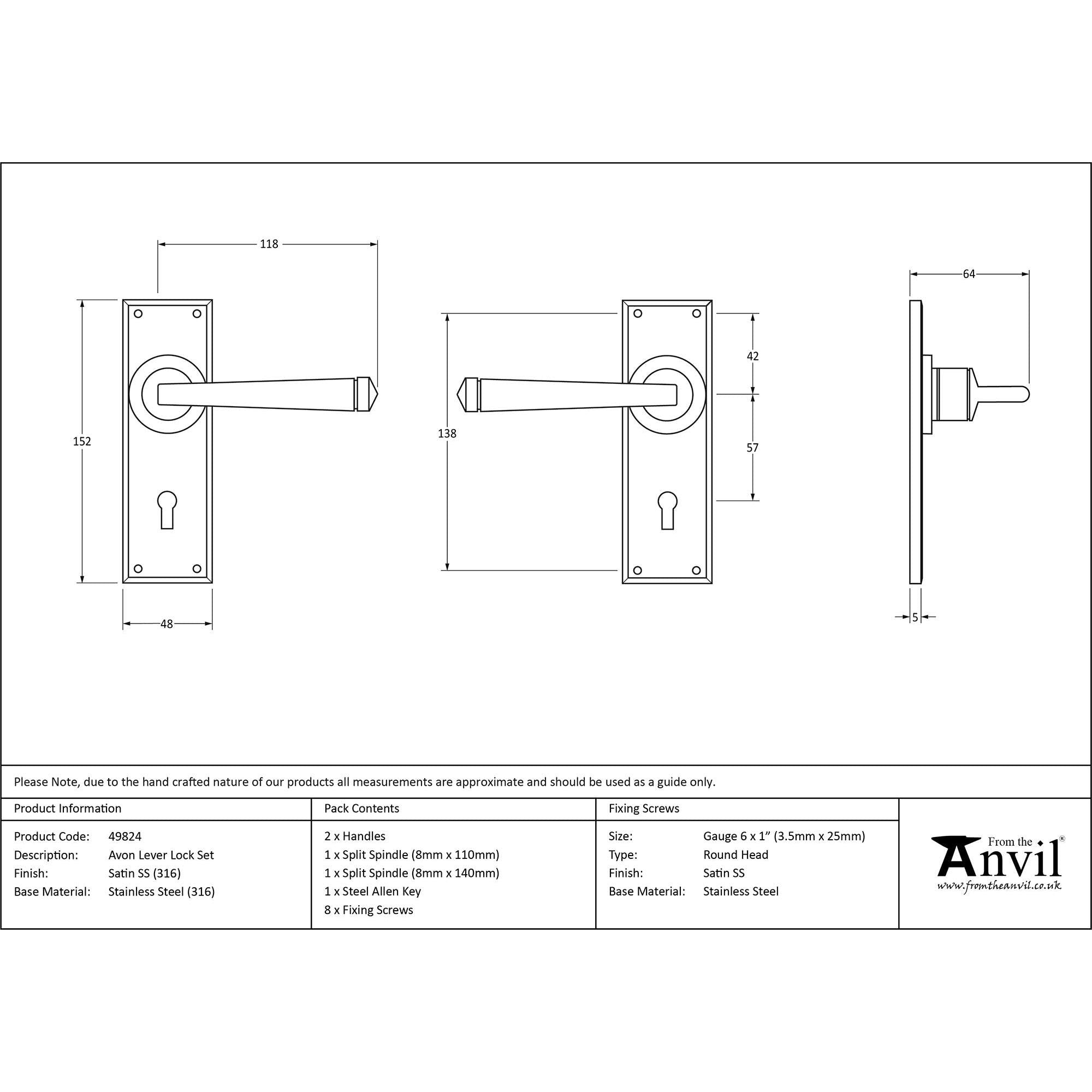 Satin Marine SS (316) Avon Lever Lock Set | From The Anvil - Lever Lock - From The Anvil - Yester Home