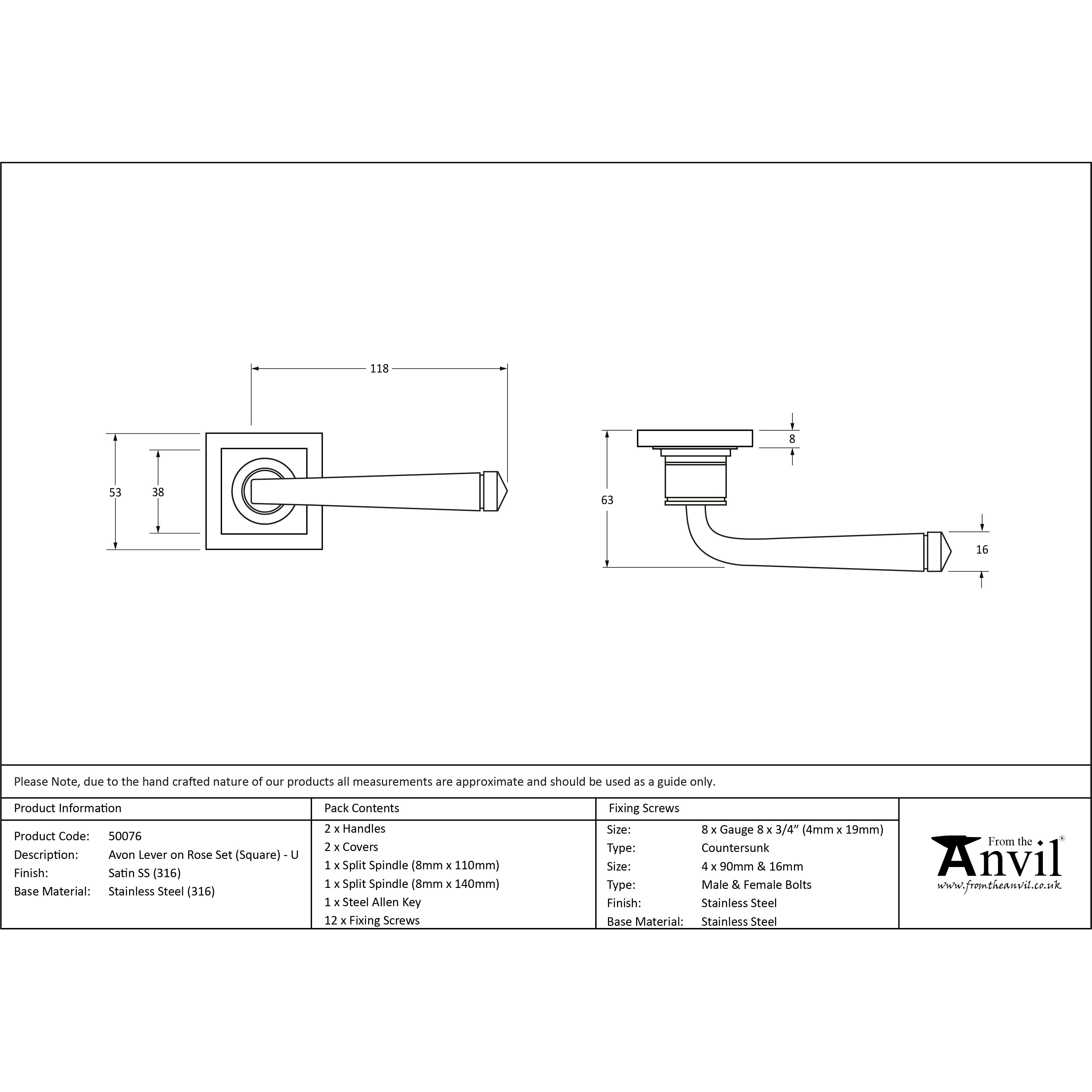 Satin Marine SS (316) Avon Round Lever on Rose Set (Square) - Unsprung | From The Anvil-Concealed-Yester Home