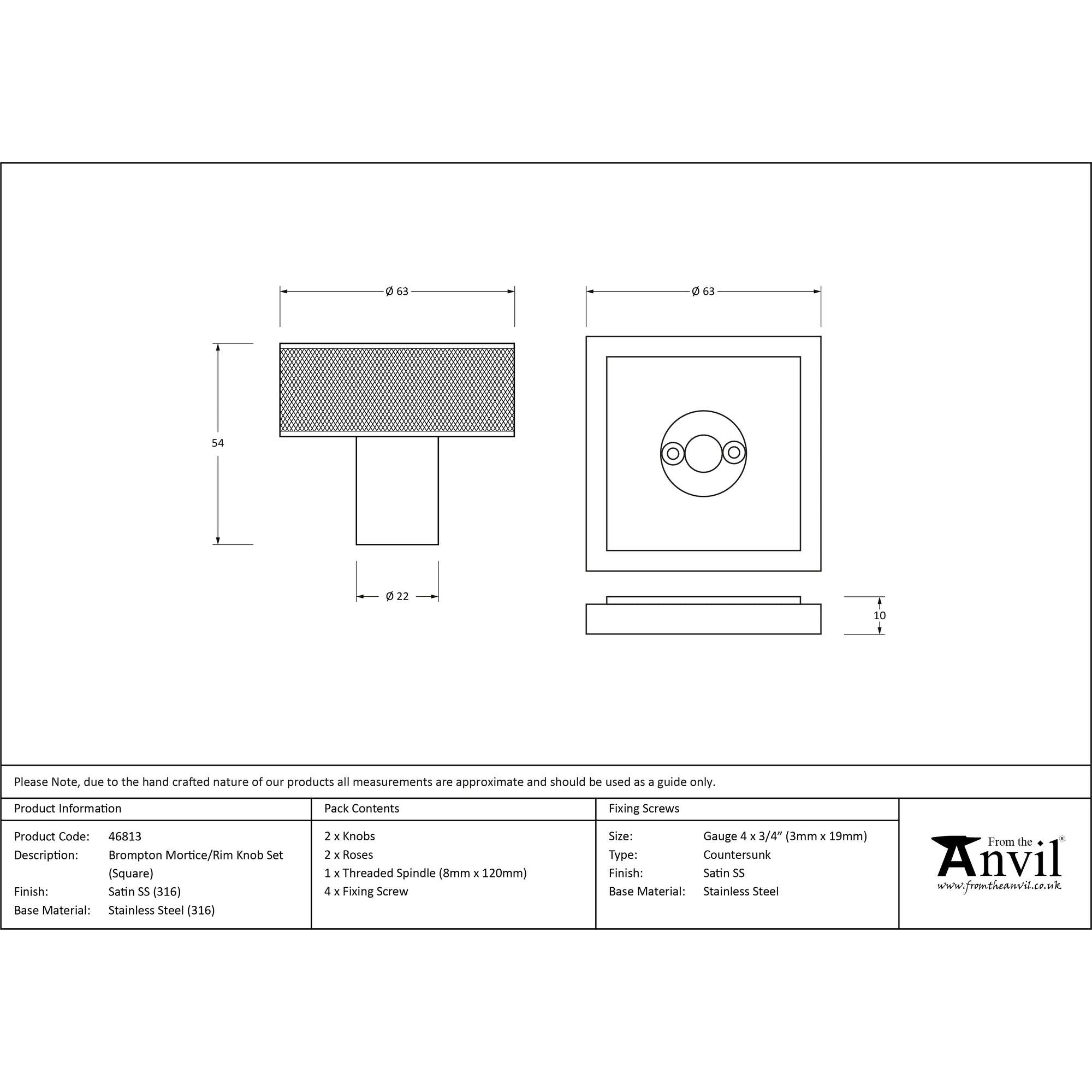 Satin Marine SS (316) Brompton Mortice/Rim Knob Set (Square) | From The Anvil - Mortice Knobs - From The Anvil - Yester Home