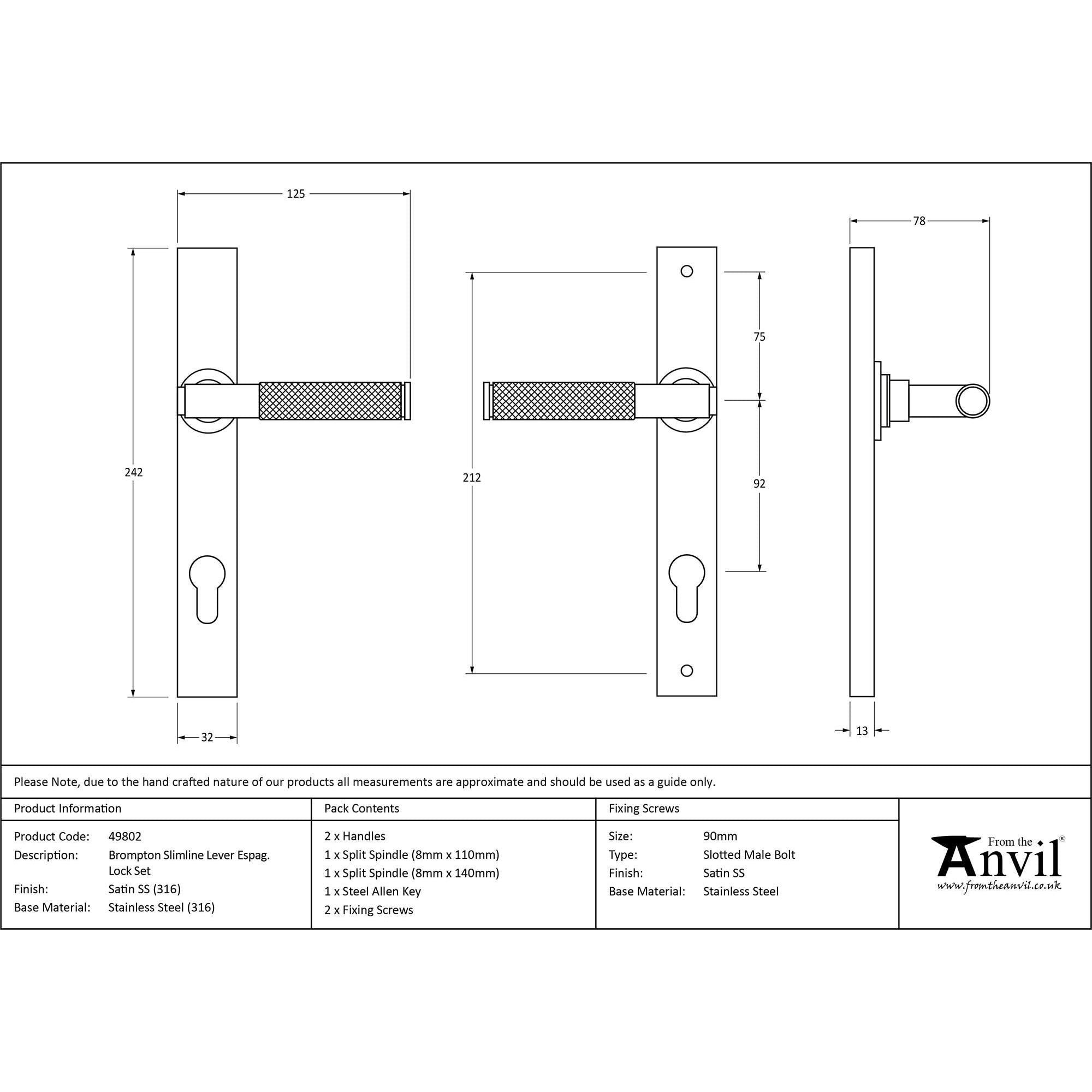 Satin Marine SS (316) Brompton Slimline Espag. Lock Set | From The Anvil - Espagnolette - From The Anvil - Yester Home